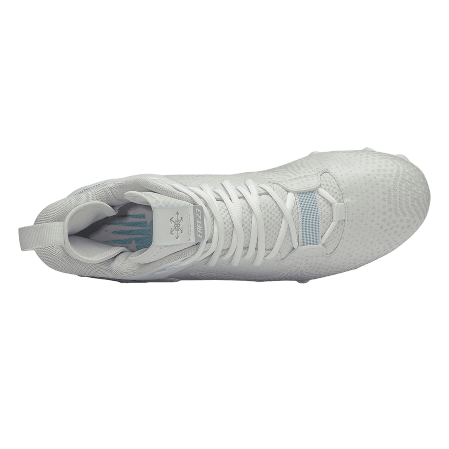 A top view of the New Balance Freeze LX 3 Mid Cleats in white showcases a textured mesh upper, complemented by white laces and a convenient heel pull tab. The visible insole features a blue design, while the Quixrail outer lugs ensure enhanced grip on the lacrosse field.