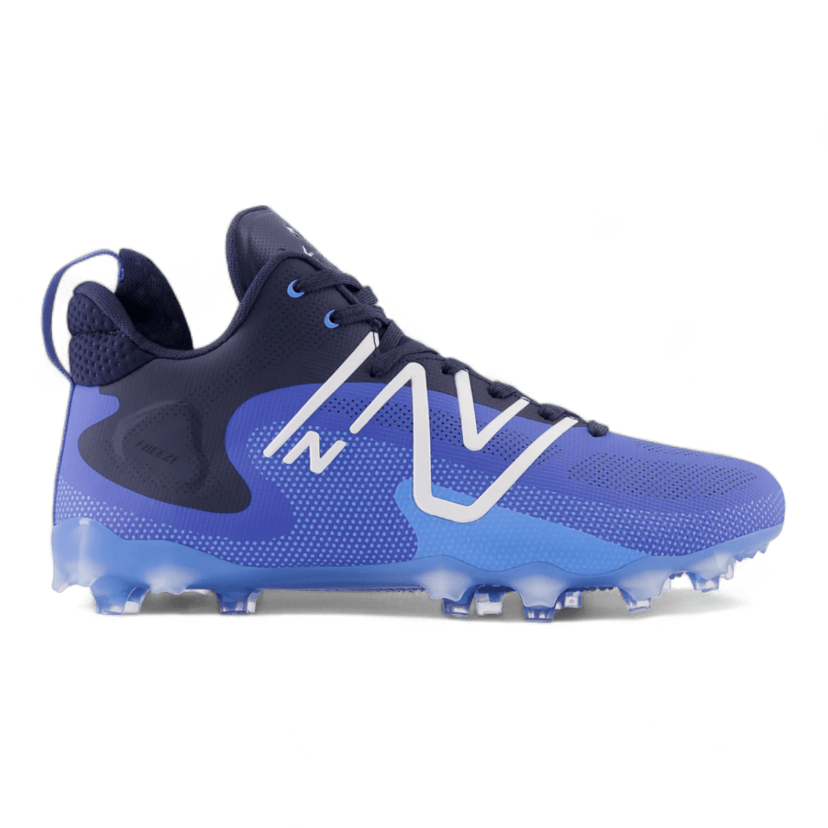 A side view of the New Balance Freeze LX 4 Mid Cleats in blue and black showcases a QUIX Outsole, featuring a white New Balance logo on the side. The cleat exhibits a sleek design that transitions from dark to light blue, while its lightweight synthetic/mesh upper and textured outsole provide optimal traction.