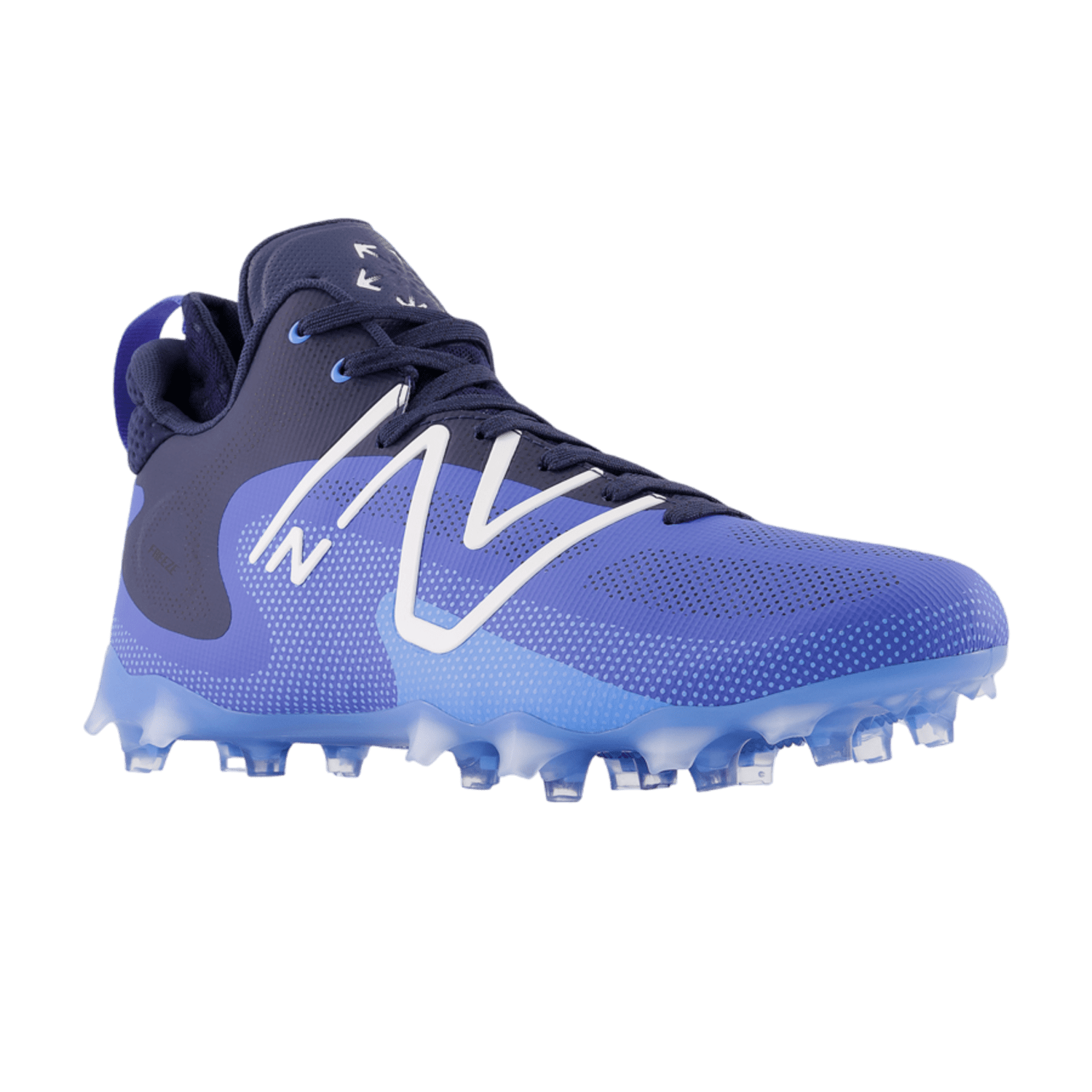 The New Balance Freeze LX 4 Mid Cleats in blue, designed specifically for lacrosse, feature a sleek aesthetic with a blue gradient transitioning from dark to light. They come equipped with a lightweight synthetic/mesh upper and display a white logo accent. The cleats sport a QUIX outsole with textured rubber studs, providing superior traction. Their design is both modern and athletic.