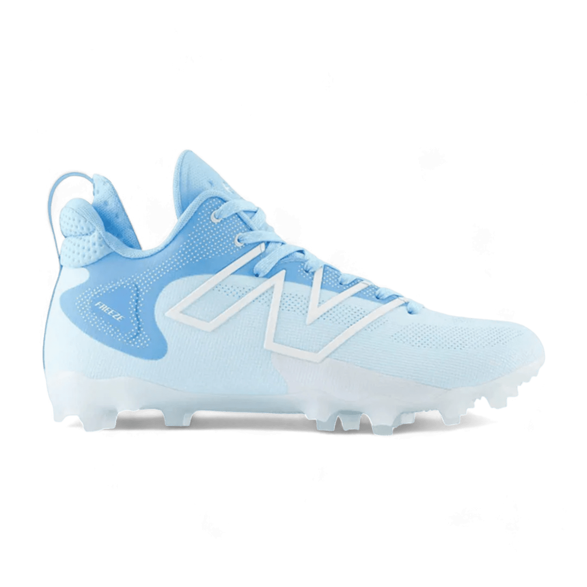 The New Balance Freeze LX 4 Mid Cleats - LE Fire & Ice is a lacrosse cleat in a light blue color with a textured design. It features a bold white "N" logo on the side and comes with white laces. The design includes a high ankle collar and a sturdy sole equipped with spikes for optimal traction.