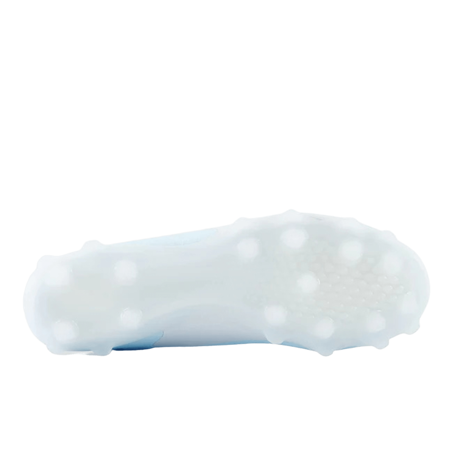The image features the sole of a New Balance lacrosse cleat, the FREEZIC4, equipped with numerous studs engineered for enhanced traction on grass or turf. The evenly distributed studs and the sleek white sole are highlighted against a simple background.
