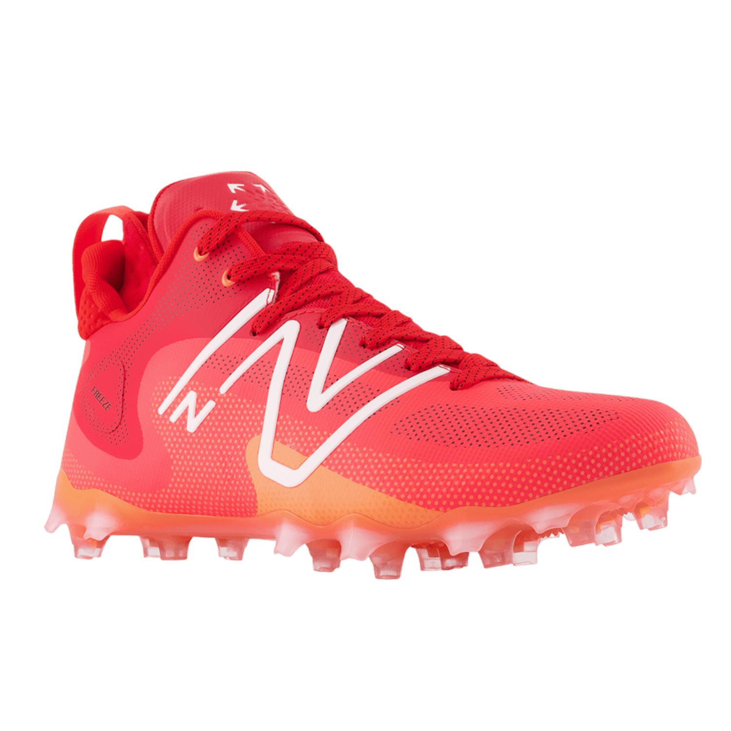 Introducing the New Balance Freeze LX 4 Mid Cleats in a striking red hue. These high-top lacrosse cleats come equipped with white laces and proudly display the sleek "N" logo. Crafted with a lightweight synthetic and mesh upper, they feature a QUIX outsole designed to provide exceptional traction on both grass and turf surfaces, ensuring optimal performance during play.