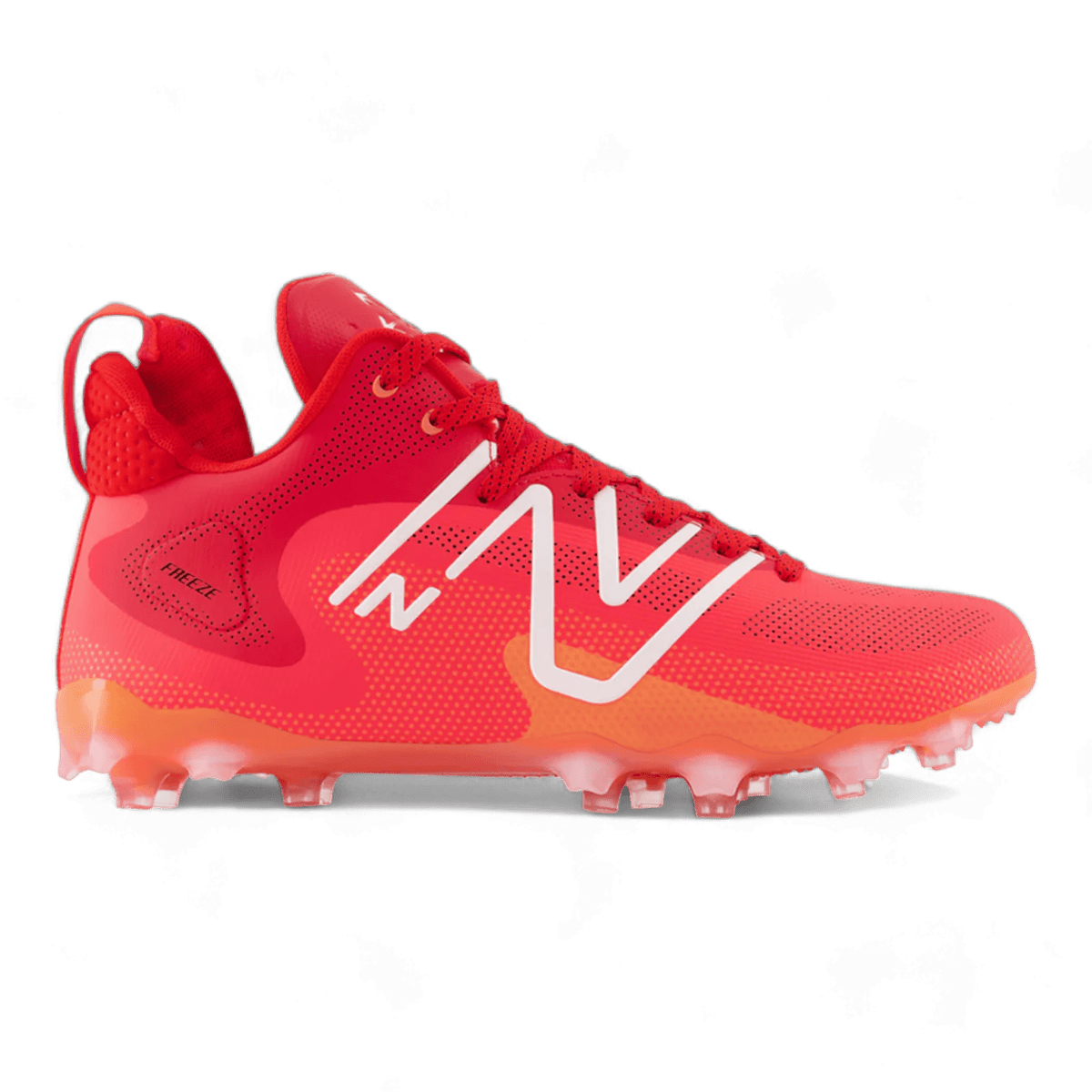 The New Balance Freeze LX 4 Mid Cleats in red boast a sleek white logo design and a high-top build, featuring a studded QUIX outsole. The lightweight synthetic mesh upper enhances performance, all displayed against a transparent background.