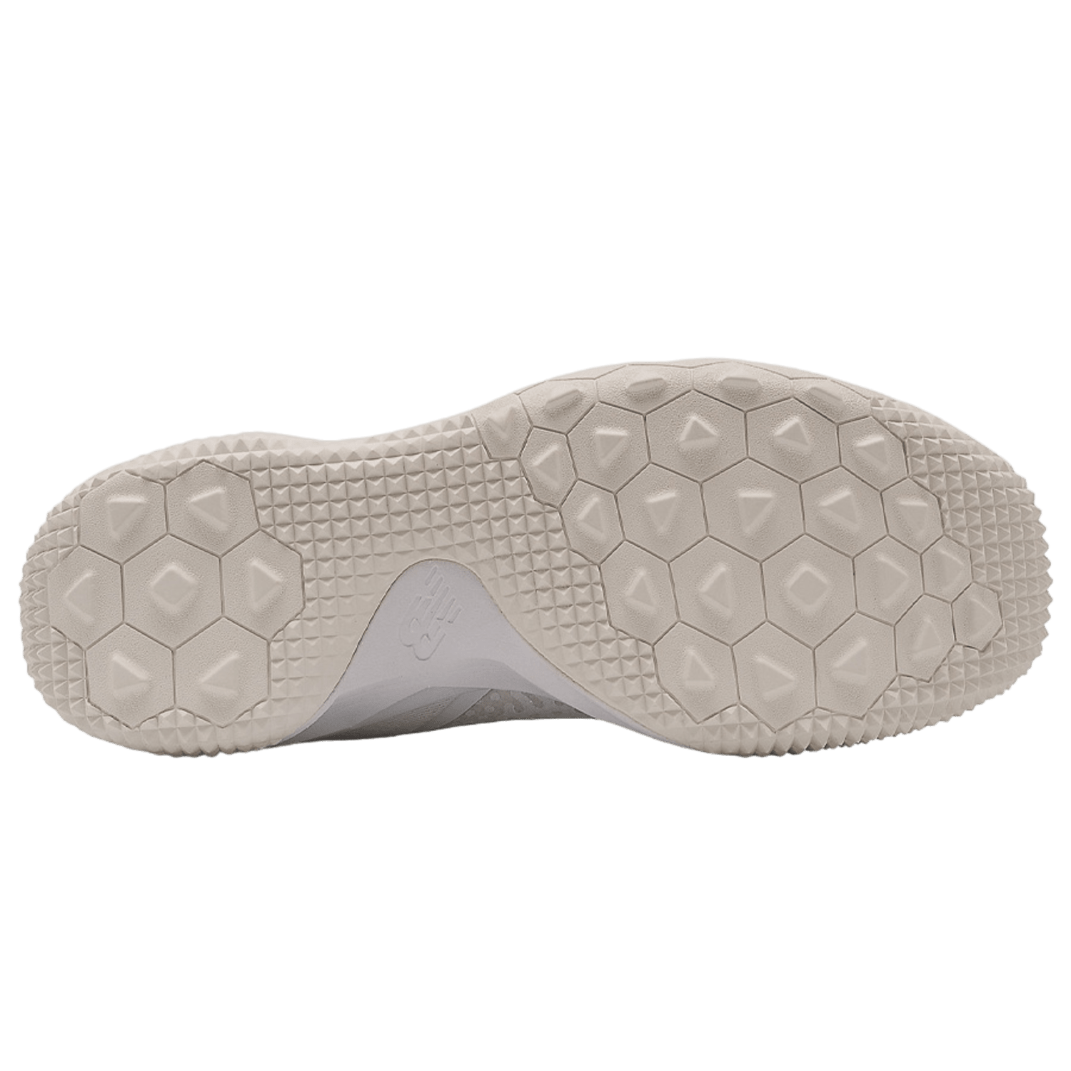 The image shows the sole of the New Balance Freeze LX 3 Turf Shoes in white, featuring a hexagonal and diamond-shaped tread pattern on light-colored rubber, complemented by FRESH FOAM midsole technology for superior traction.