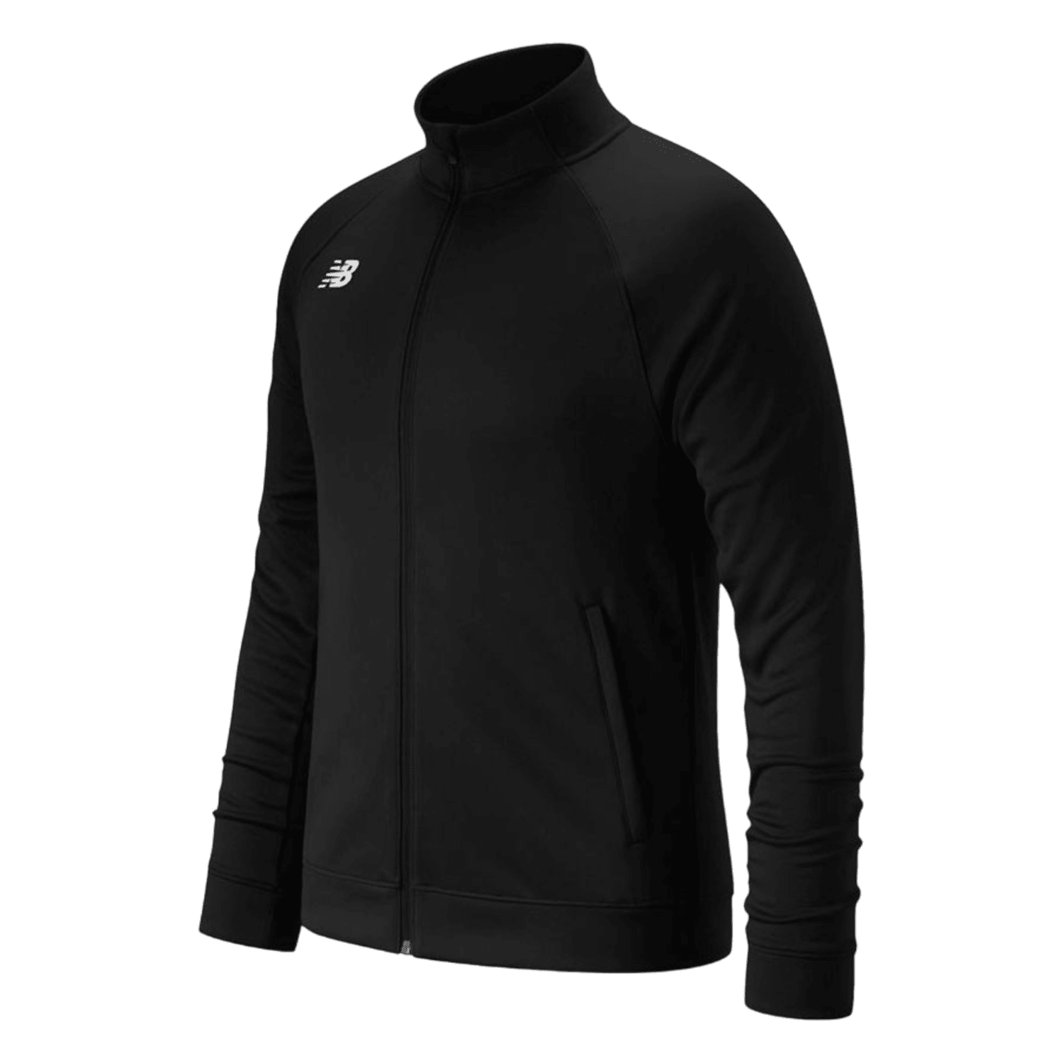 The New Balance Knit Training Jacket is a black athletic jacket with a high collar and long sleeves, made from polyknit material. It includes a front zipper, two side pockets, and offers an athletic fit. The New Balance logo is prominently displayed on the upper left chest. Its simple and sleek design is enhanced by NB DRY technology for improved comfort.