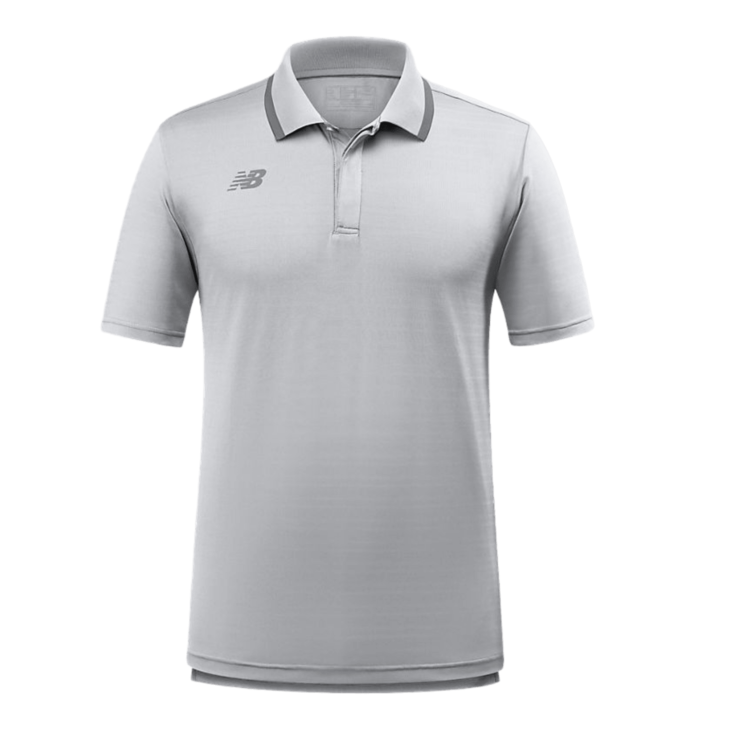 Introducing the New Balance Rally Polo for men, a stylish gray shirt with a collar and three buttons. It showcases team spirit with a small logo on the upper left chest, while its simple and casual design is enhanced by NB DRY technology from New Balance, making it perfect for everyday wear and comfort.