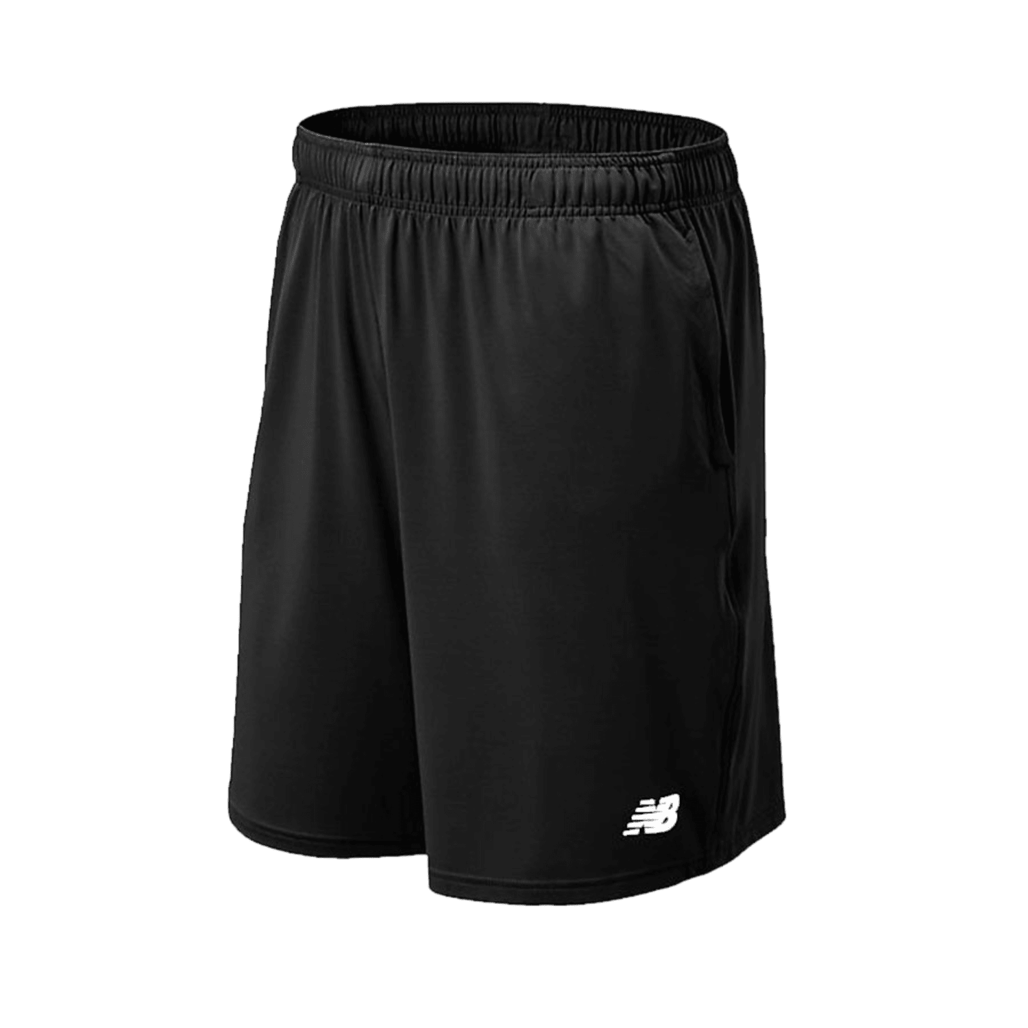 The New Balance Tech Shorts are black athletic shorts with an elastic waistband, showcasing the New Balance logo in white on the lower left side. Ideal for lightweight training, these breathable shorts are displayed against a plain green background.