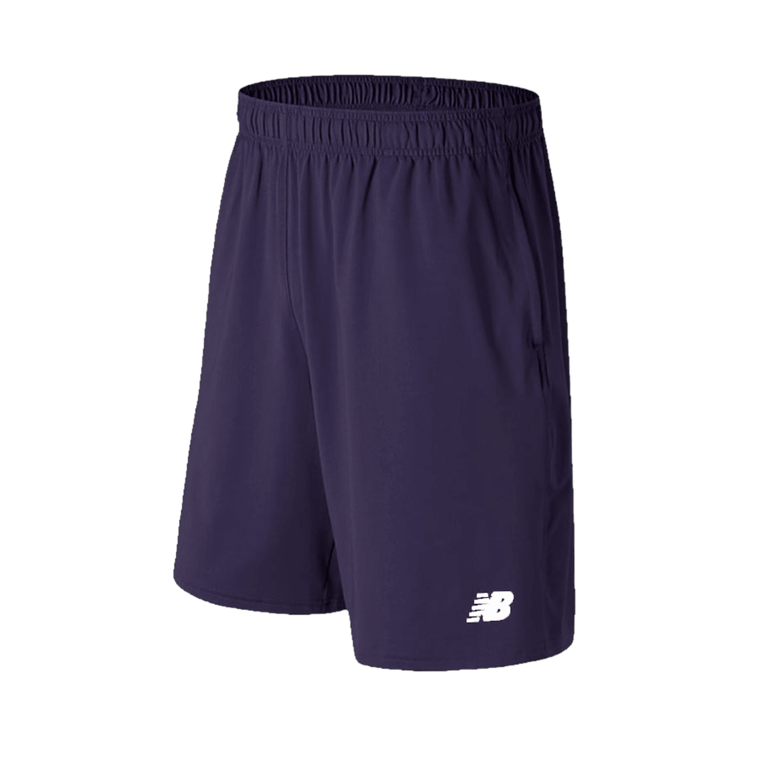The TMMS555 by New Balance are dark purple athletic shorts with an elastic waistband, featuring a white "NB" logo on the lower left thigh. These breathable shorts are perfect for training, designed to keep you comfortable and supported.