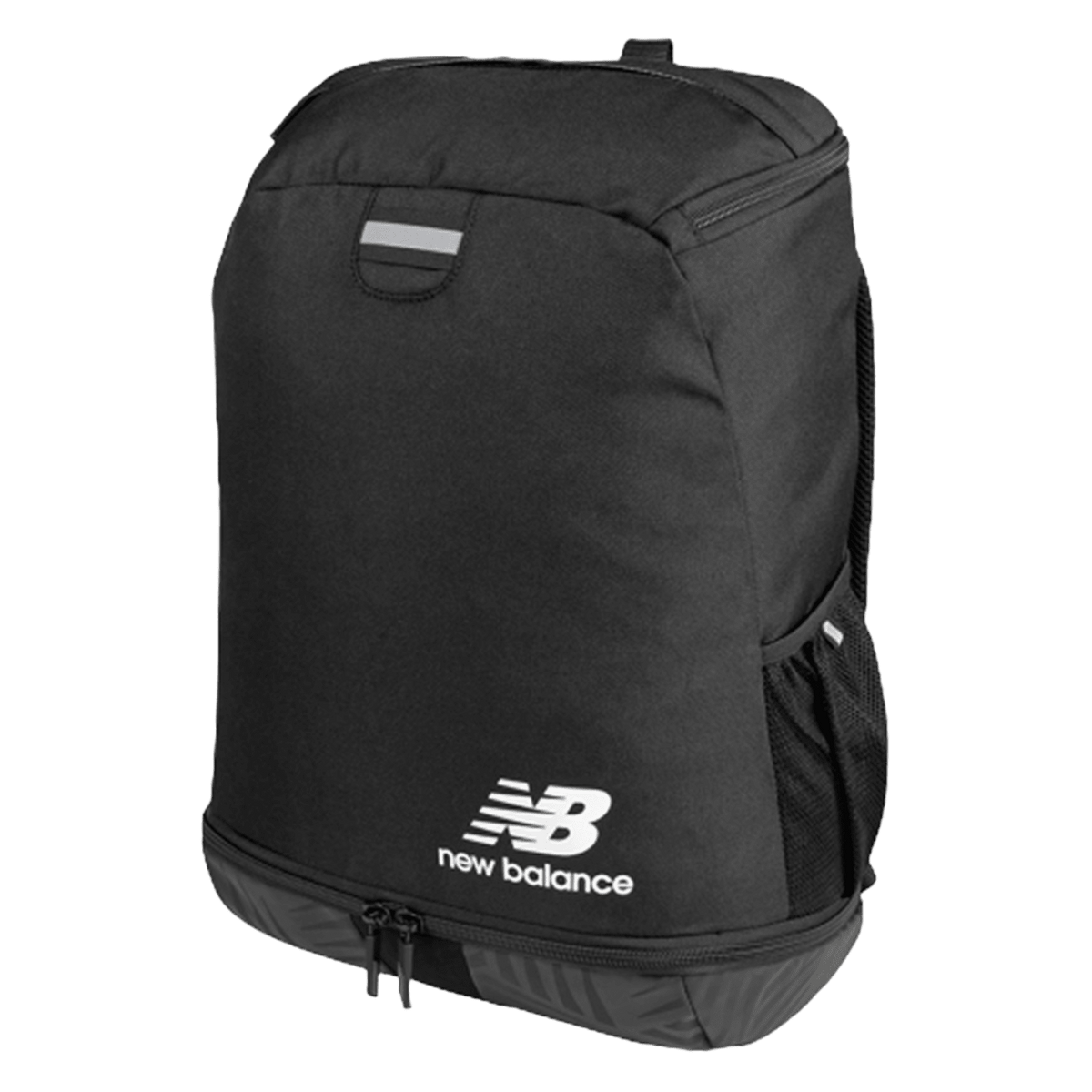 The New Balance BG93906G backpack is available in black with a striking white logo on the front. It features a convenient top handle, multiple compartments, and side mesh pockets ideal for storing cleats or other soccer gear. The backpack is showcased against a plain green background in the photograph.