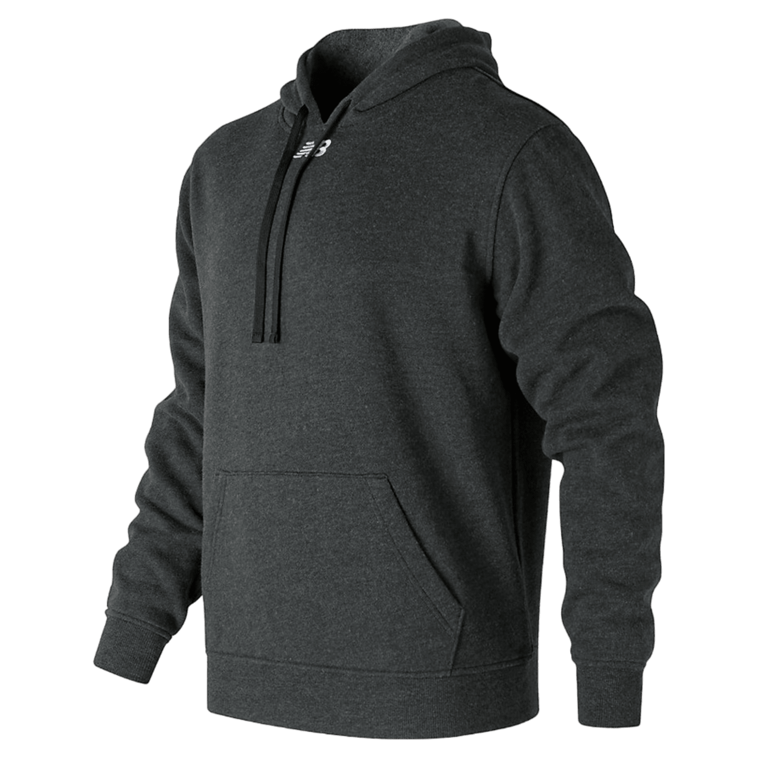 The New Balance Performance Sweatshirt in dark gray features a hood with drawstring and a front pocket, making it ideal for everyday wear. Its fabric appears soft with a slightly loose fit, offering comfortable style perfect for casual occasions.