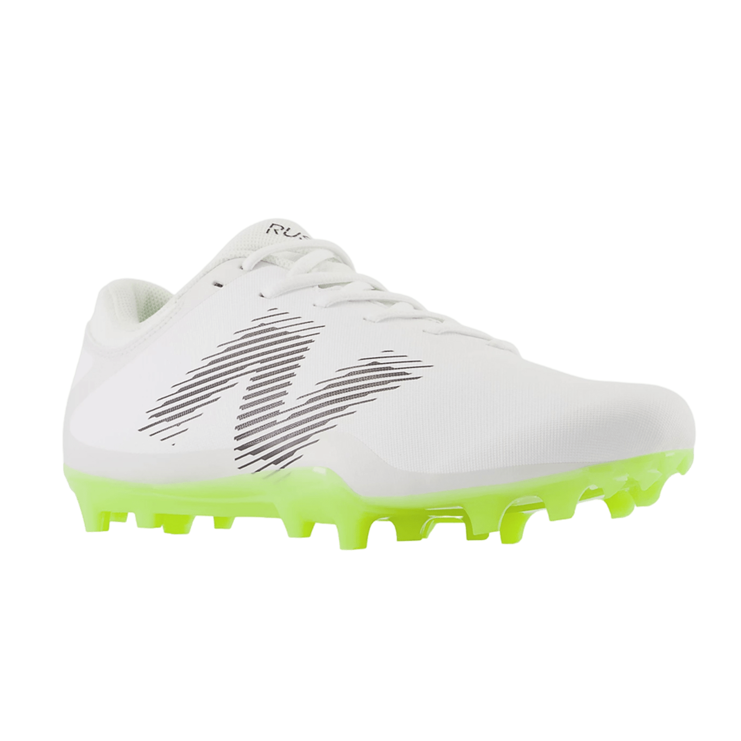 Introducing the New Balance Rush v4 Low, a soccer cleat that showcases a white design with a neon green sole and a stylized "N" logo. It features a lace-up design and lightweight upper, complemented by a TPU molded cleat outsole for superior traction.