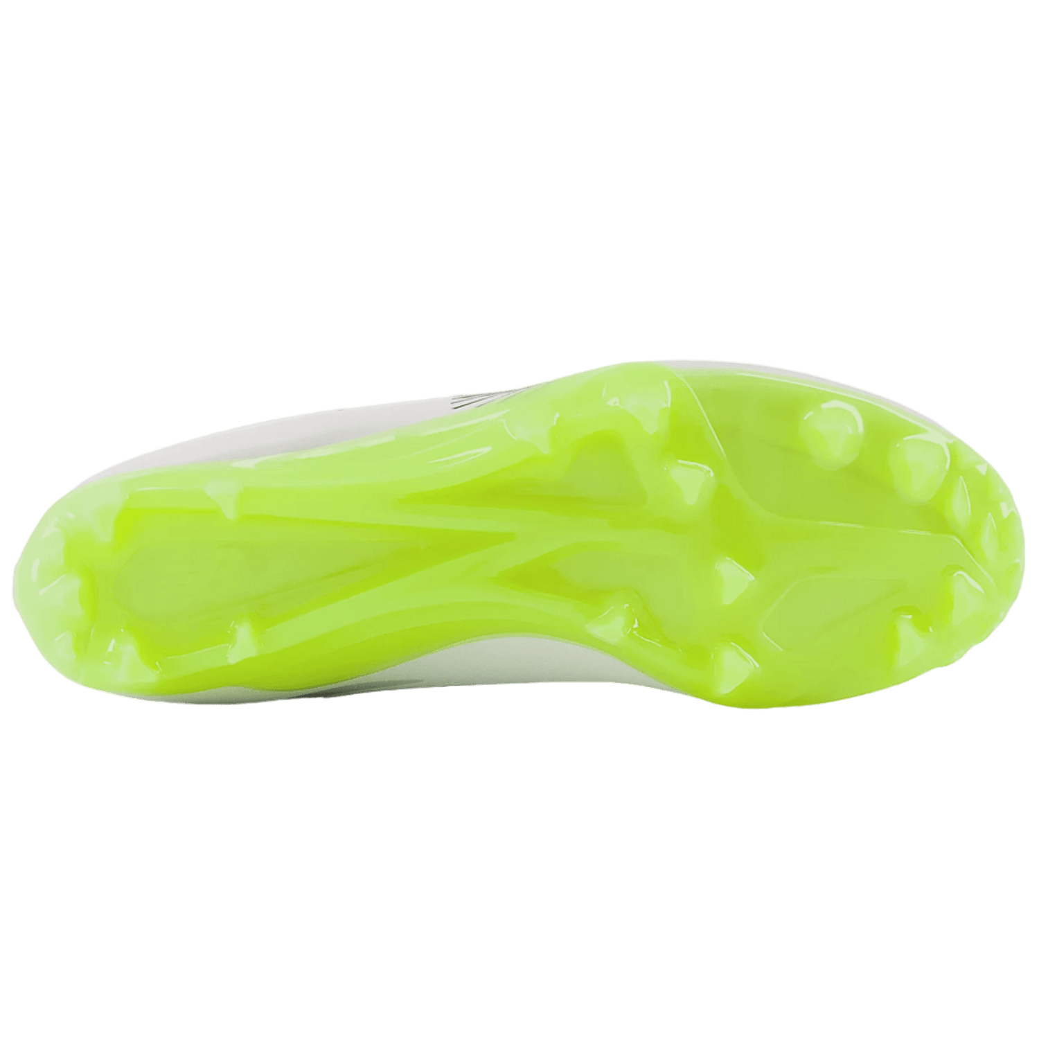 The image features the bottom view of the New Balance Rush v4 Low soccer cleat, highlighting its vibrant neon yellow-green studs and TPU molded cleat outsole. Its lightweight upper is predominantly white, creating a striking contrast with the colorful sole.