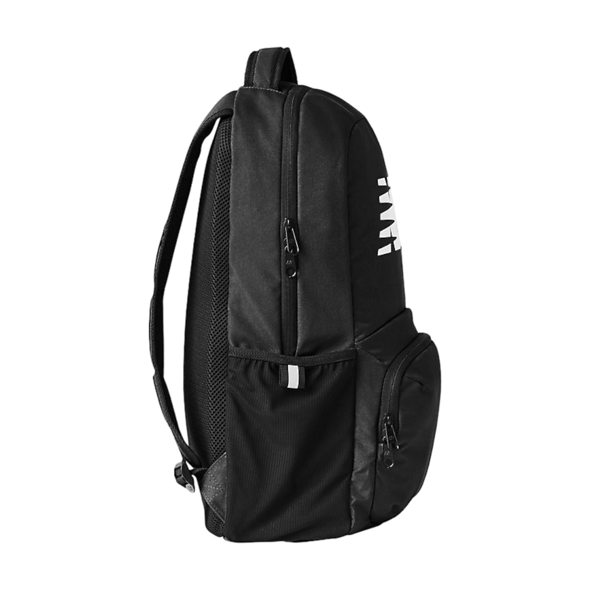 Side view of the New Balance Team School Backpack, showcasing a black design with white logo accents. It features two zippered compartments, a padded laptop compartment ideal for student-athletes, mesh side pockets, and adjustable straps for comfort.