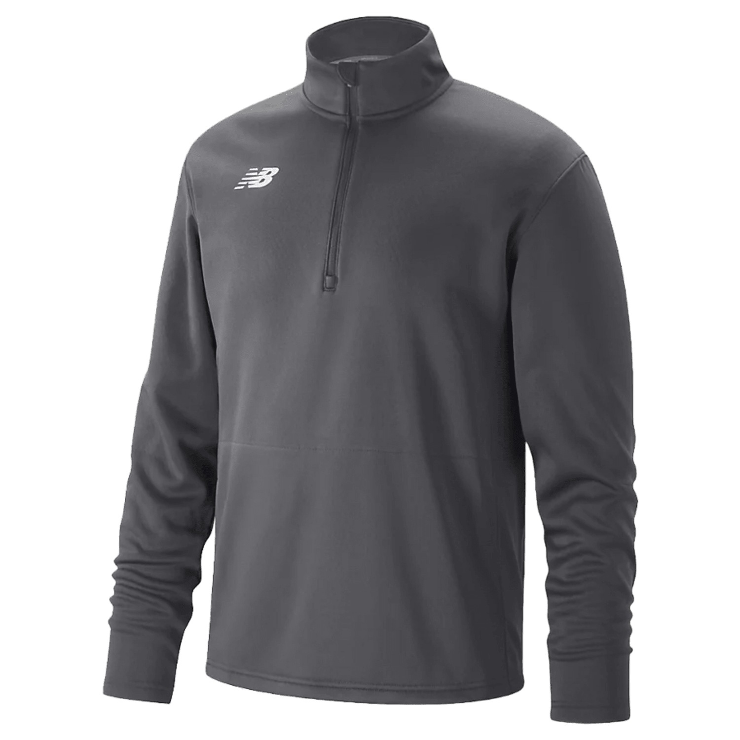A New Balance Thermal ½-Zip Pullover in gray, featuring long sleeves and a high collar. Made from micro fleece for added warmth, it offers a relaxed fit and displays the iconic New Balance logo on the left chest.