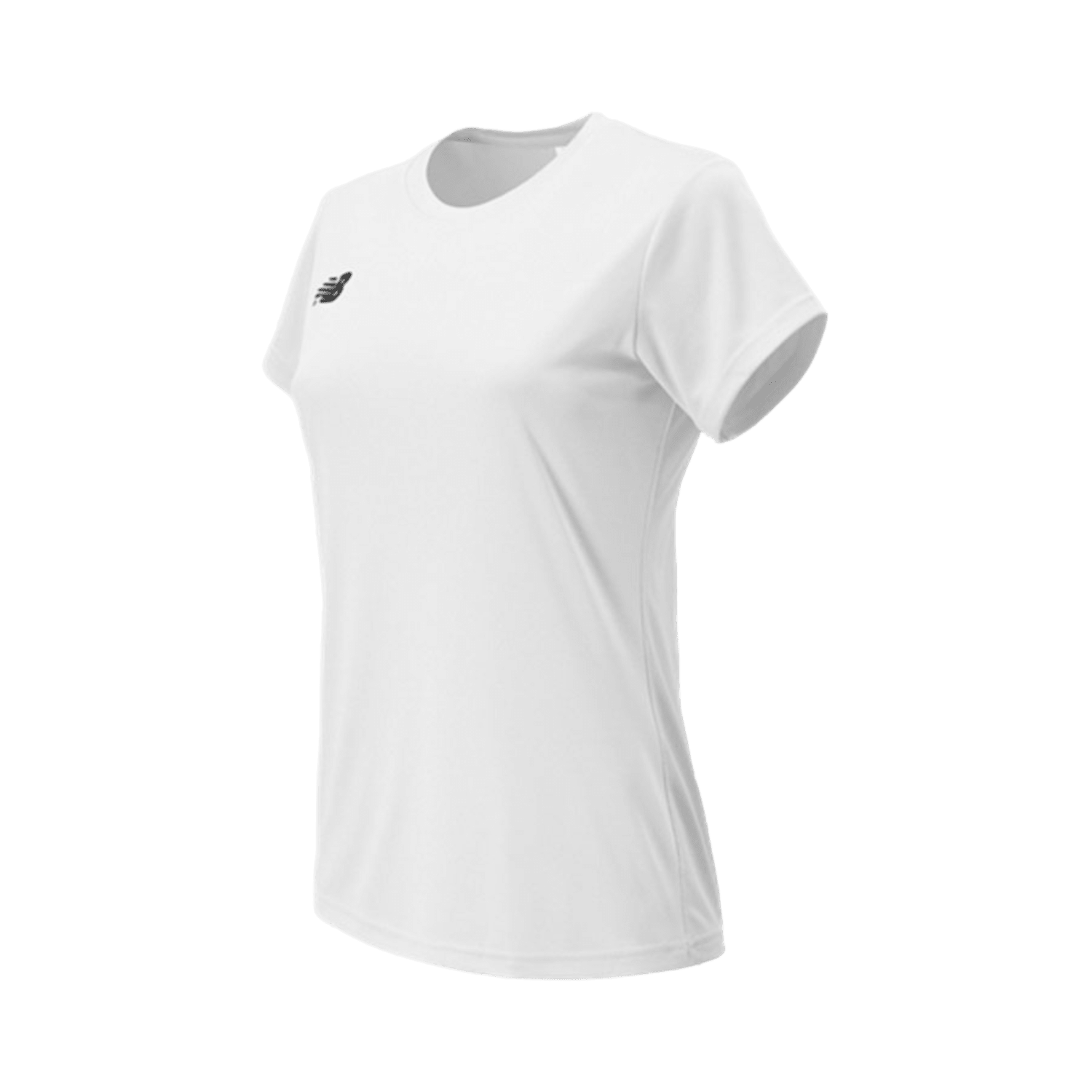 A plain white short-sleeve athletic t-shirt by New Balance, model WT71388, features a small black logo on the left chest. It is designed with NB Dry technology and includes a breathable mesh back panel for optimal sweat-wicking performance. The shirt is showcased against a transparent background.