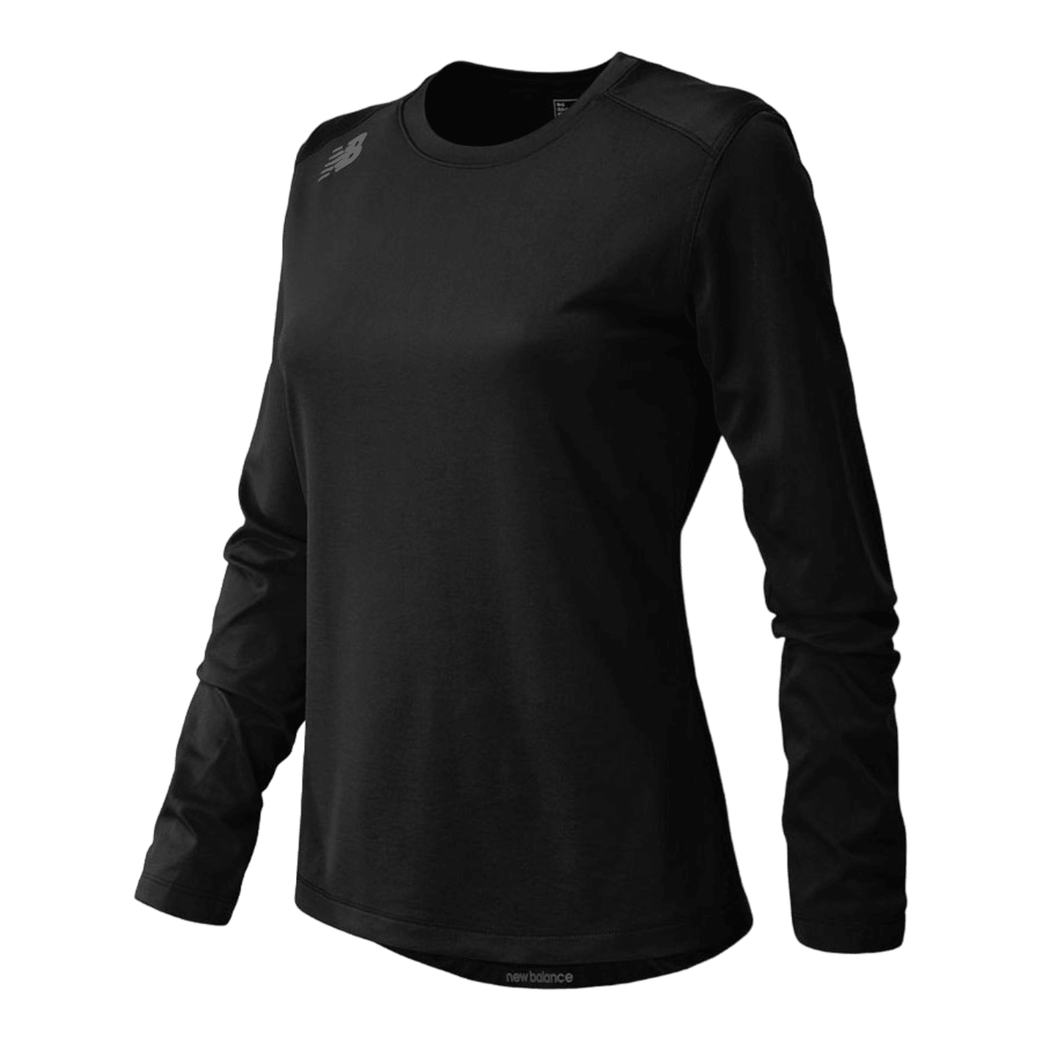 The New Balance Women's LS Tech T-Shirt is a black long-sleeve athletic shirt with a crew neck and the NB heatseal logo on the upper left chest. Crafted from smooth polyester, it boasts an athletic fit ideal for activewear and is showcased against a plain background.