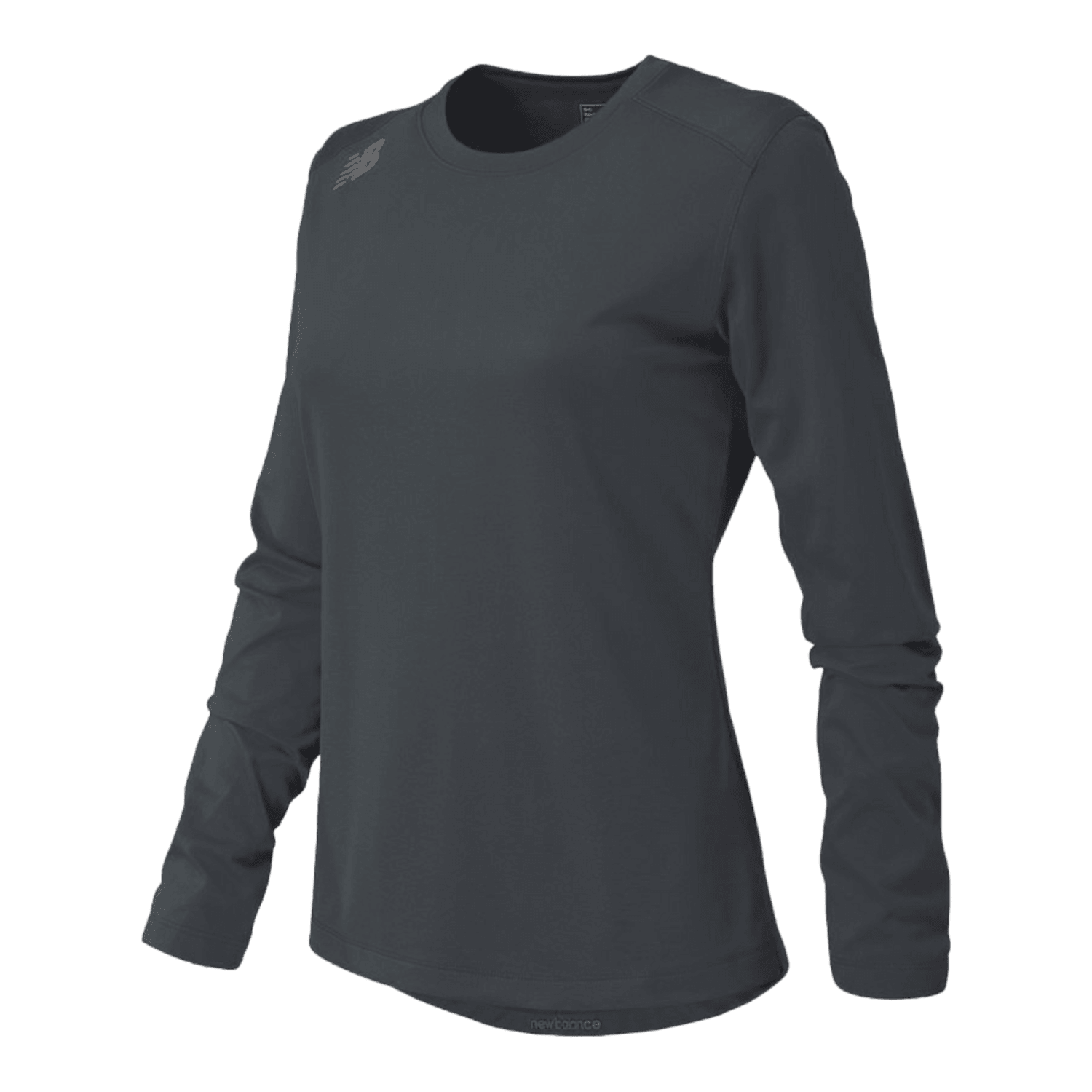 The New Balance Women's LS Tech T-Shirt is a long-sleeve athletic top in dark gray, featuring a round neckline and an NB heatseal logo on the upper left chest. It is crafted from lightweight polyester and offers an athletic fit ideal for exercise.
