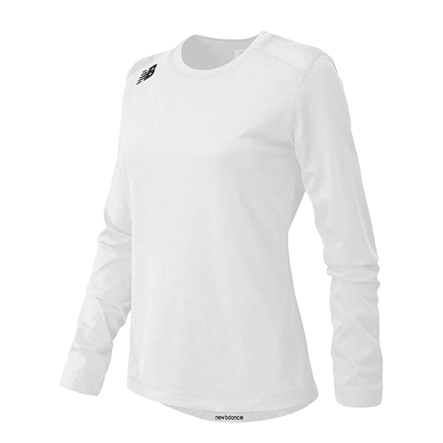 New Balance Women's LS Tech T-Shirt, featuring a white long-sleeve design with an athletic fit and crew neck. The shirt includes the New Balance NB heatseal logo on the upper right chest and is displayed on a plain, transparent background. Made from polyester for optimal performance.