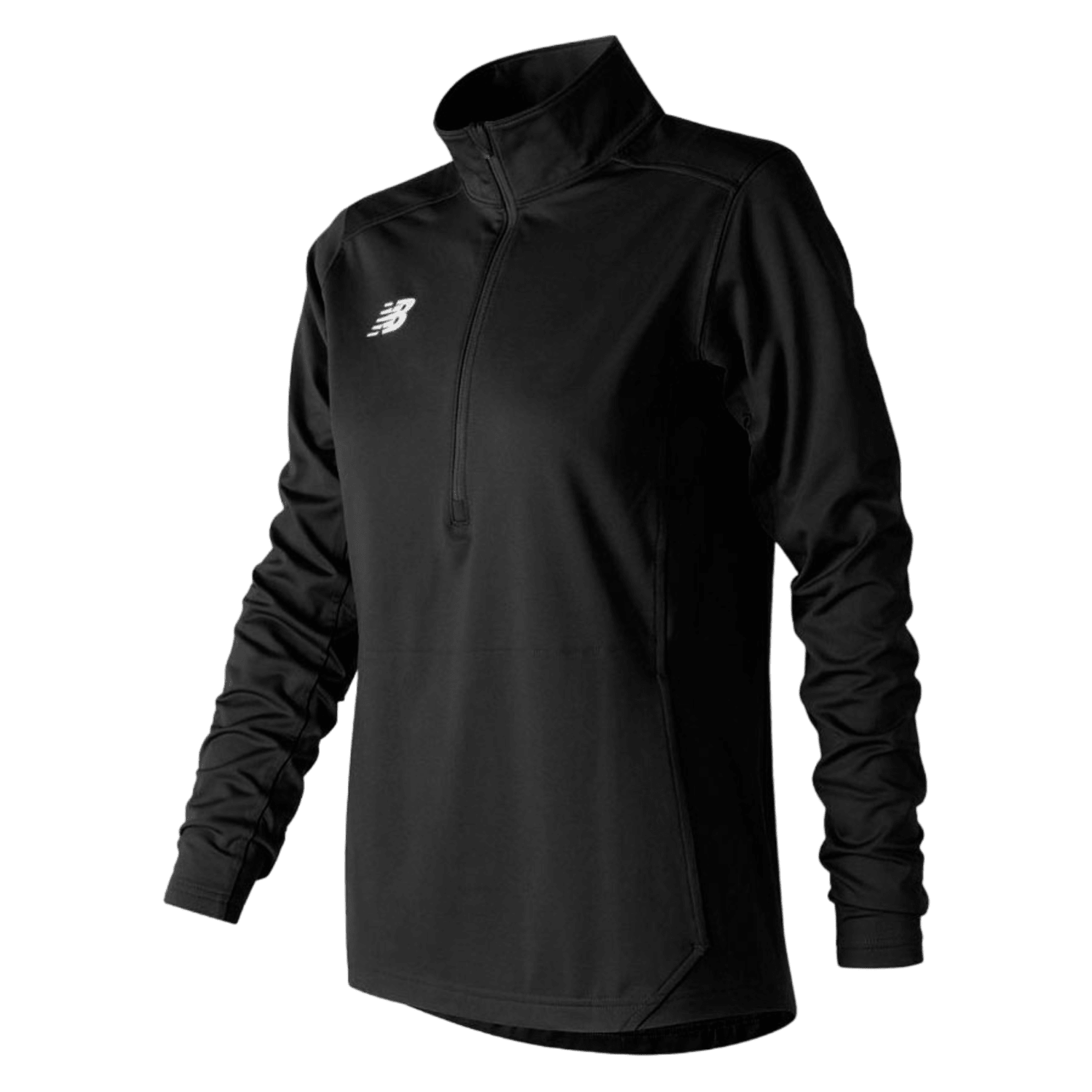The New Balance Women's LW Solid ½-Zip Pullover, in black, is designed with long sleeves, a high collar, and a half-zip front. It features the New Balance logo on the chest and provides an athletic fit along with advanced moisture management to enhance comfort during workouts.
