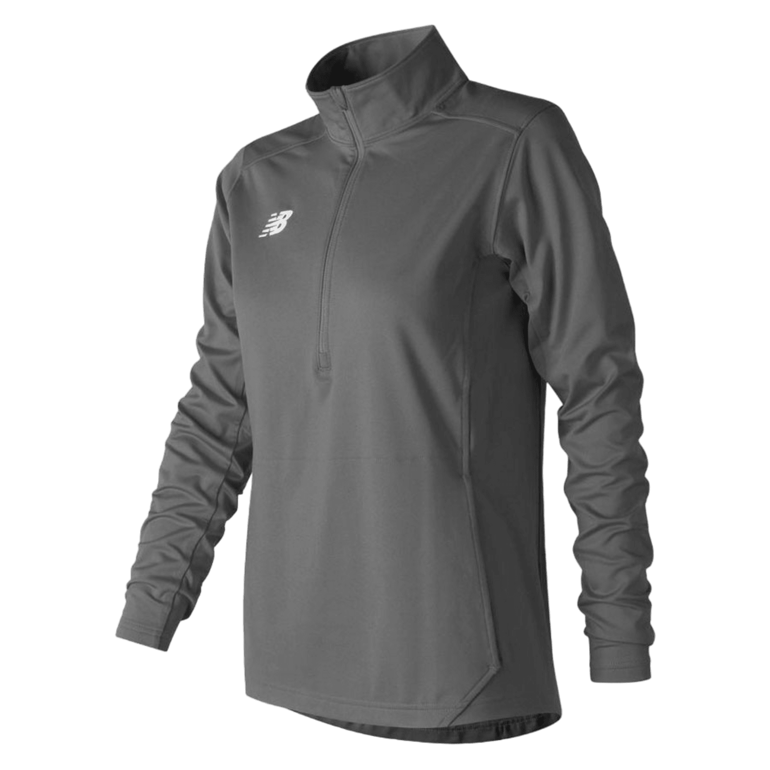 Introducing the New Balance TMWT710, a gray long-sleeve athletic jacket featuring a high collar and half-zip design. This lightweight piece includes a white embroidered logo on the left chest, provides outstanding moisture management, and has slightly fitted sleeves for enhanced comfort.