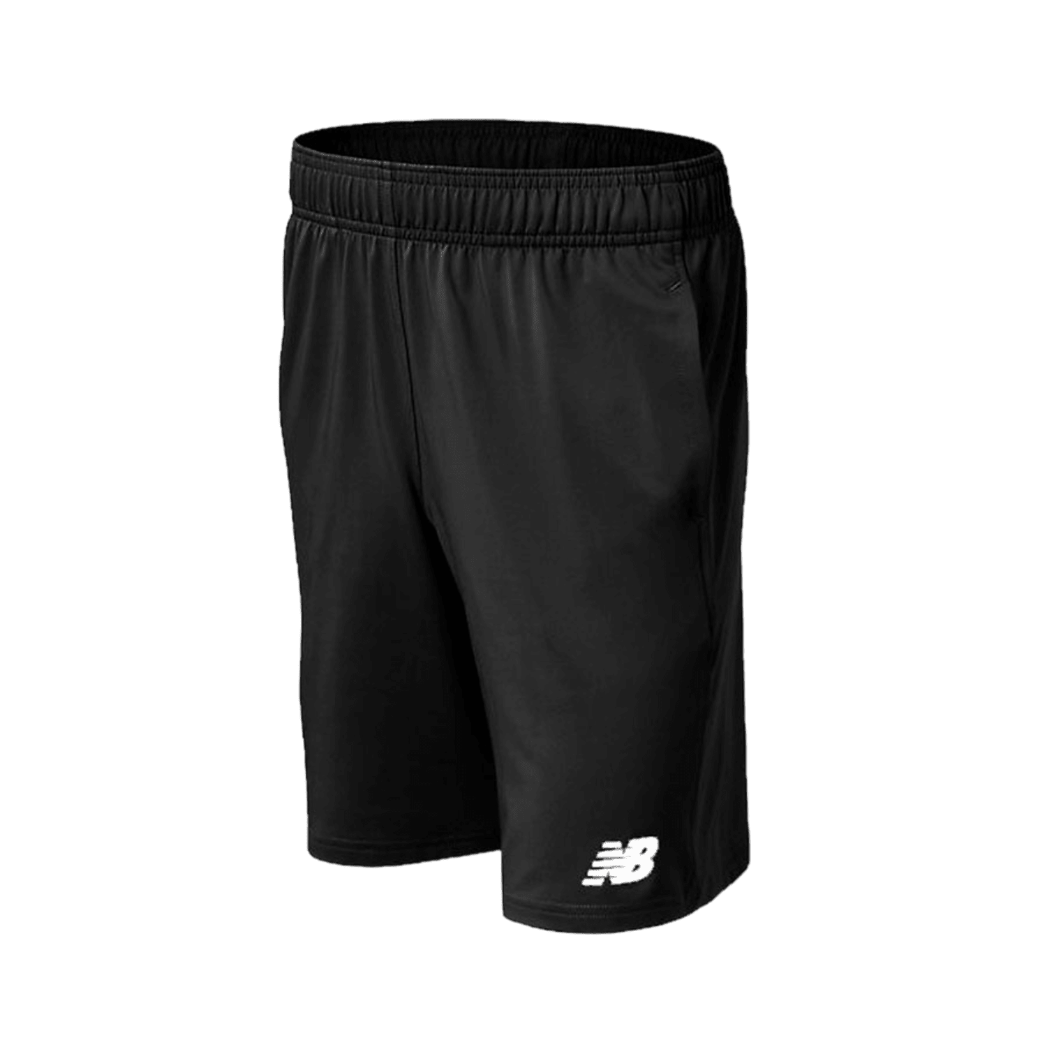 The TMYS555 by New Balance are black athletic shorts crafted from lightweight, moisture-wicking fabric with an elastic waistband and a small white "New Balance" logo on one leg. Featuring a breathable design with side pockets, they are showcased against a plain green background.