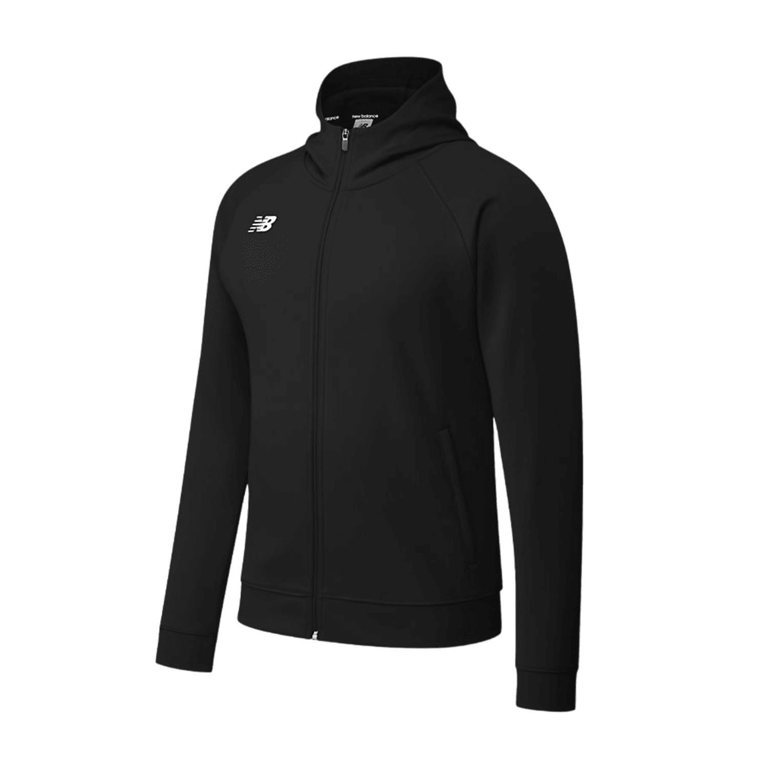 A black New Balance Youth Travel Hoodie is displayed on a white background. It features a high collar, long sleeves, and the brand's logo on the chest. Made with brushed-back fleece and DRY moisture-wicking technology, it offers both comfort and functionality.