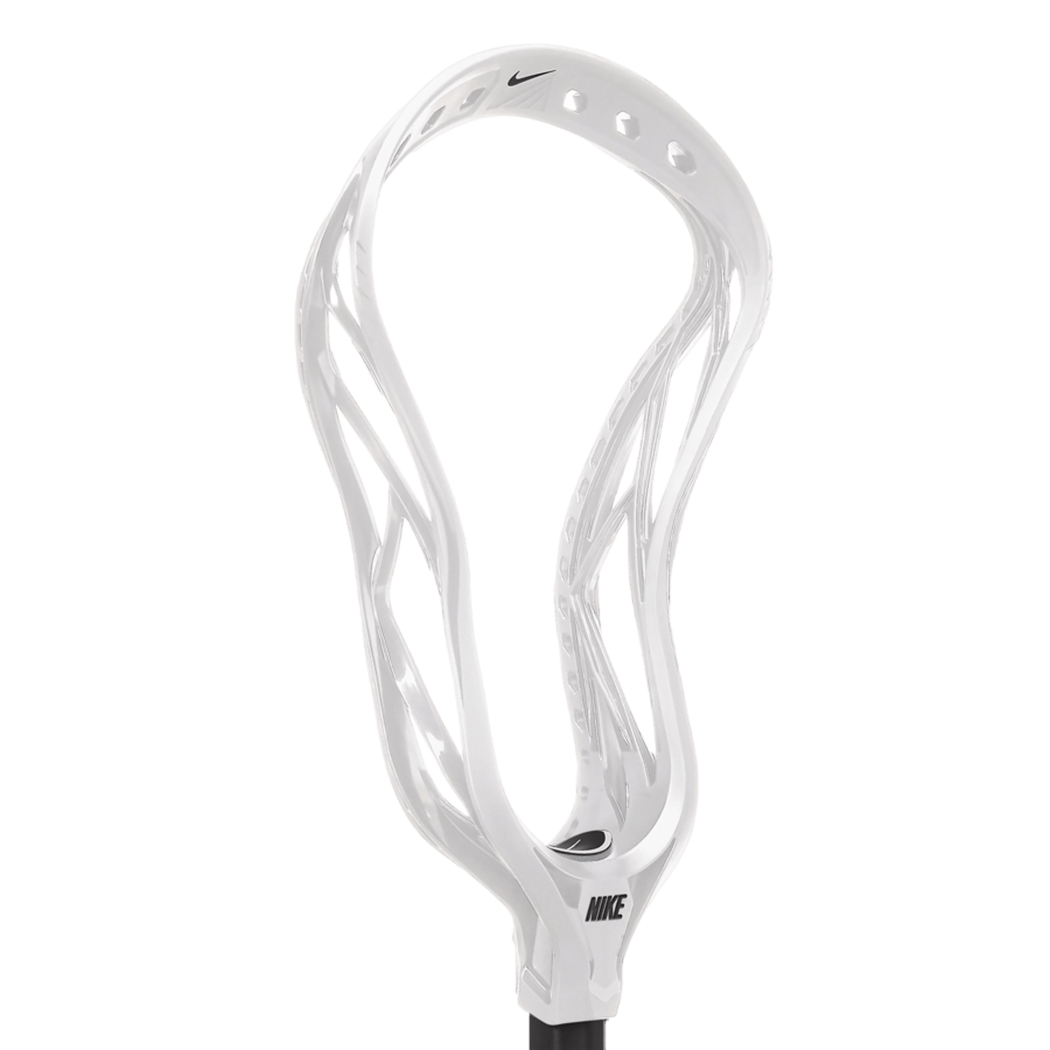 A sleek, modern Nike Alpha Elite 2 Lacrosse Head in white comes with a black handle, custom stringing, and multiple cutouts for lightweight performance.