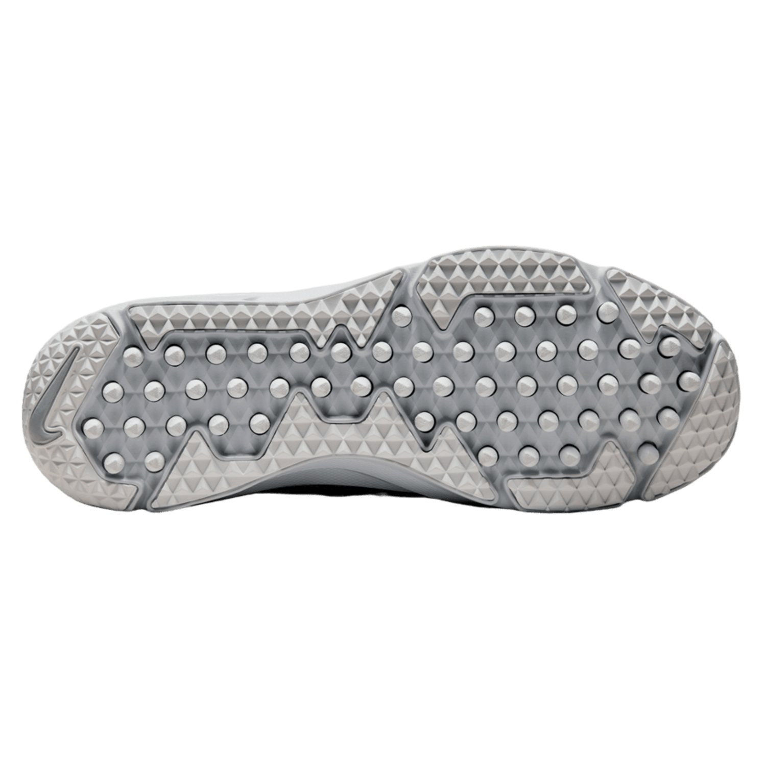 The sole of the Nike Alpha Huarache 8 Pro Turf Shoes showcases a geometric pattern composed of triangles and circles. This design, in gray with white accents, offers superb traction on turf while providing comfort and stability. The solid black background enhances the overall look.