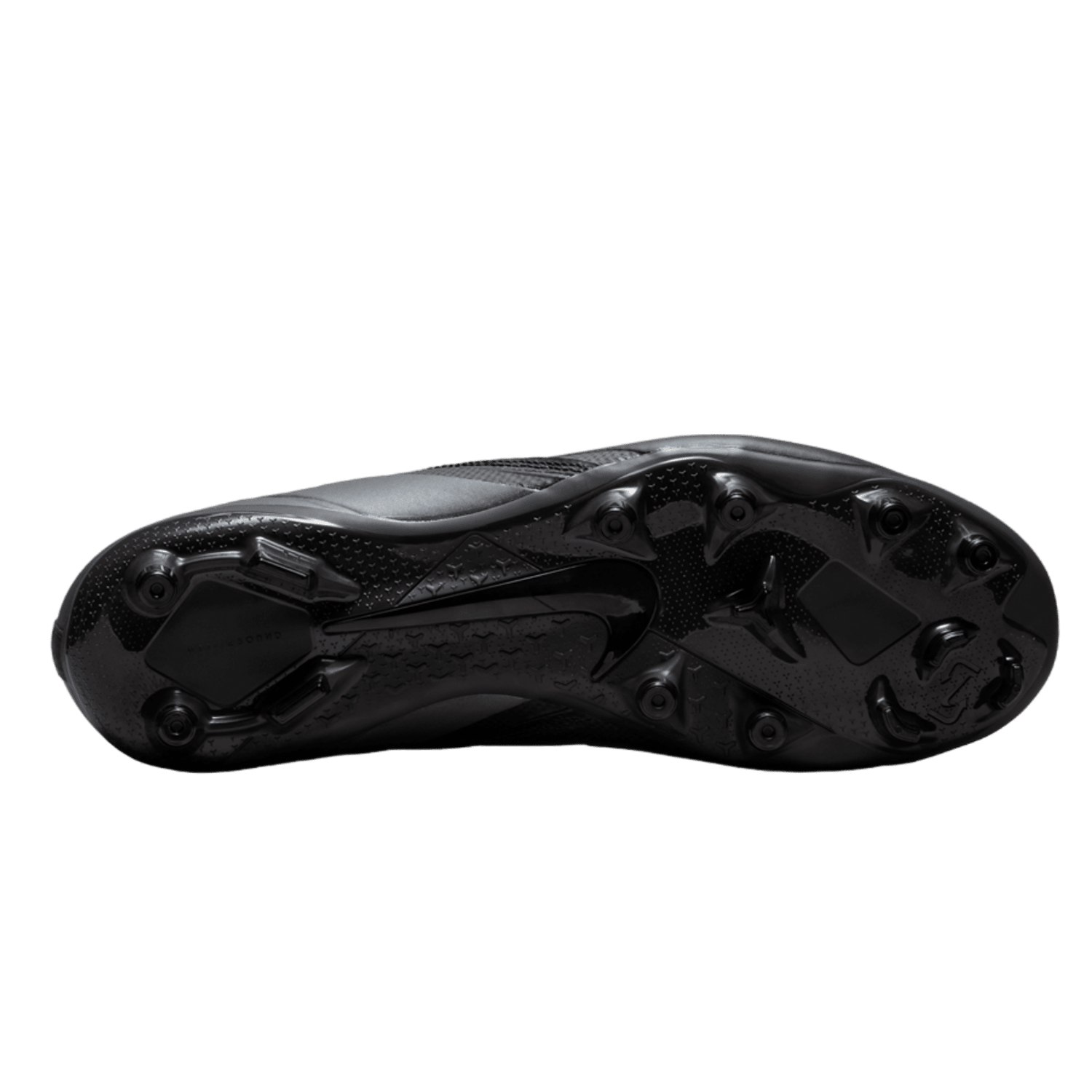 Bottom view of the Nike Alpha Huarache 8 Varsity Cleats by Nike, highlighting a studded sole for traction. The sleek design incorporates lightweight mesh and a flexible TPU plate, with textured patterns and differently shaped studs strategically placed to provide superior grip on the field.