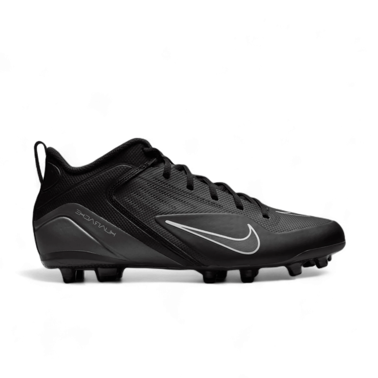 The Nike Alpha Huarache 8 Varsity Cleats are black football shoes featuring a prominent white Nike logo and the word "Phantom" on the side. These cleats showcase a sleek design with laces, a textured surface, and studs for optimal grip. They are equipped with lightweight mesh material and a flexible TPU plate to enhance on-field performance.