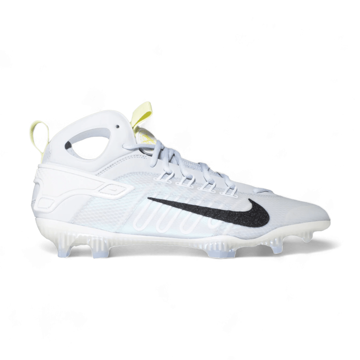 The Nike Alpha Huarache 9 Elite Mid Cleats - LE feature a white athletic design with a striking black swoosh. With their high ankle cut, textured detailing, and yellow heel loop, these cleats provide molded spikes for multidirectional traction against the plain black background.