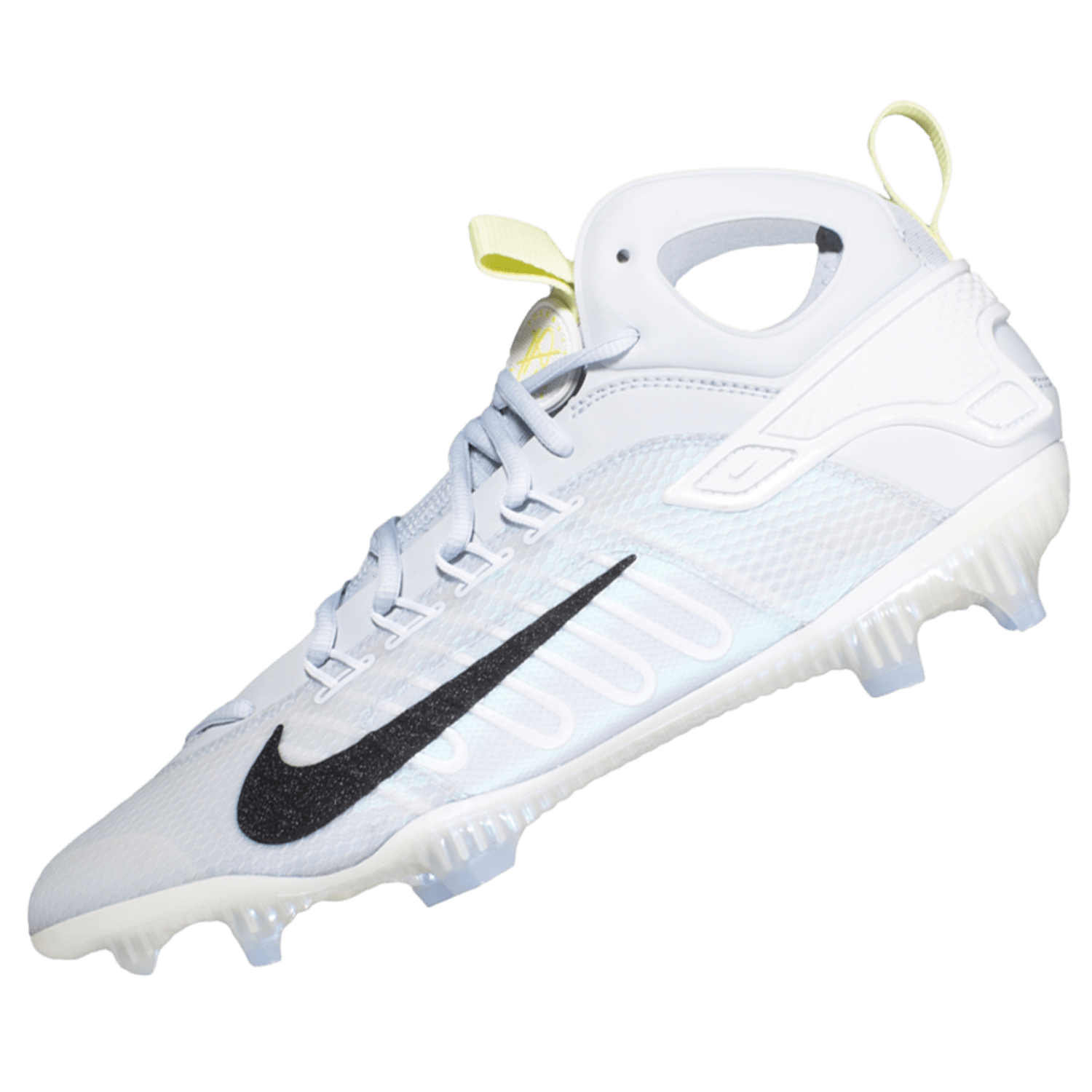 This sleek, white sports cleat with black accents, known as the Nike Alpha Huarache 9 Elite Mid Cleats - LE, features a prominent black swoosh logo and a translucent spiked sole for multidirectional traction. Its aerodynamic design includes a lace-up closure and supportive ankle collar.
