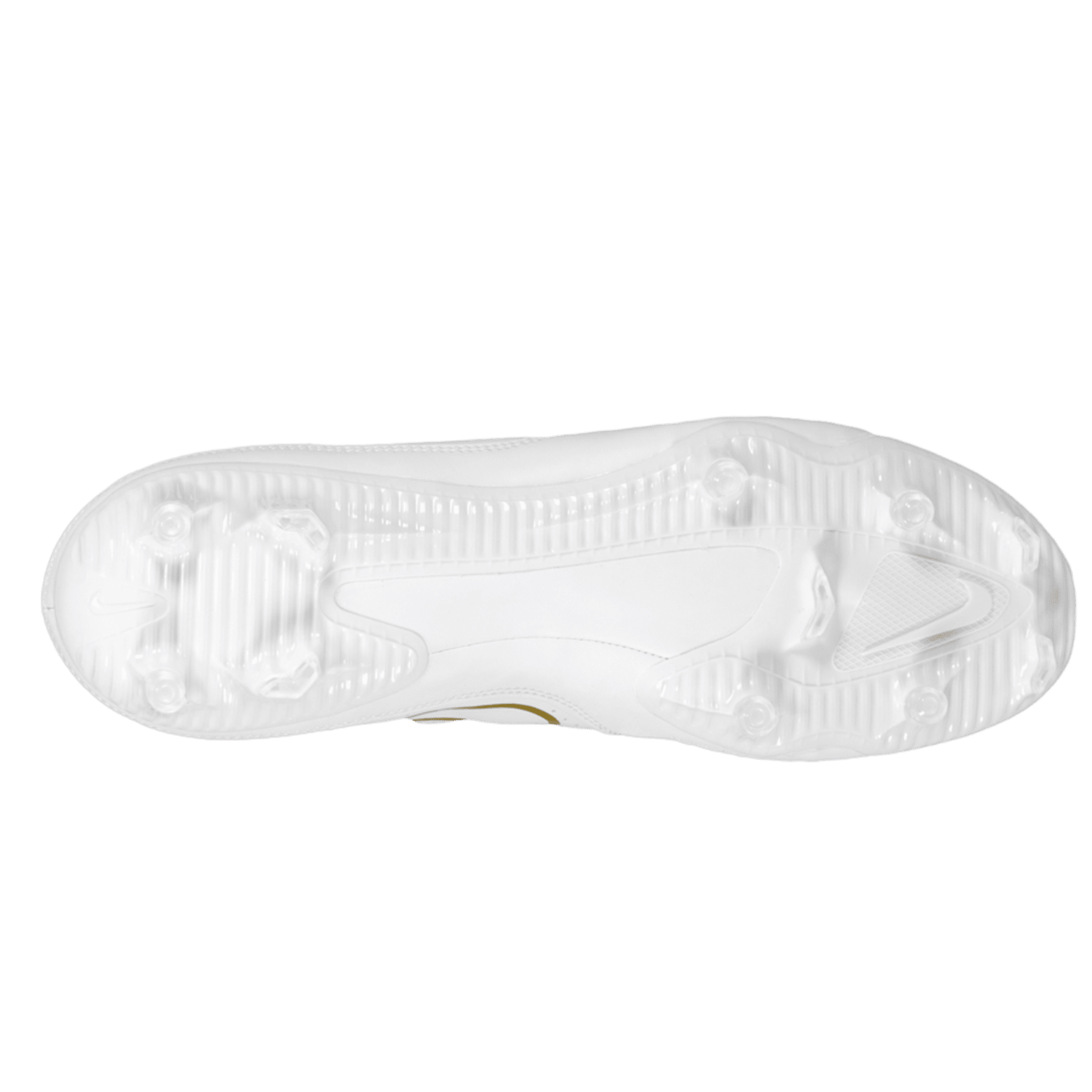The image showcases the sole of a white Nike Alpha Huarache 9 Varsity Cleat, featuring defined studs and grooves for multidirectional traction on the field. The clean sole against a plain white background highlights the cleat's design features.