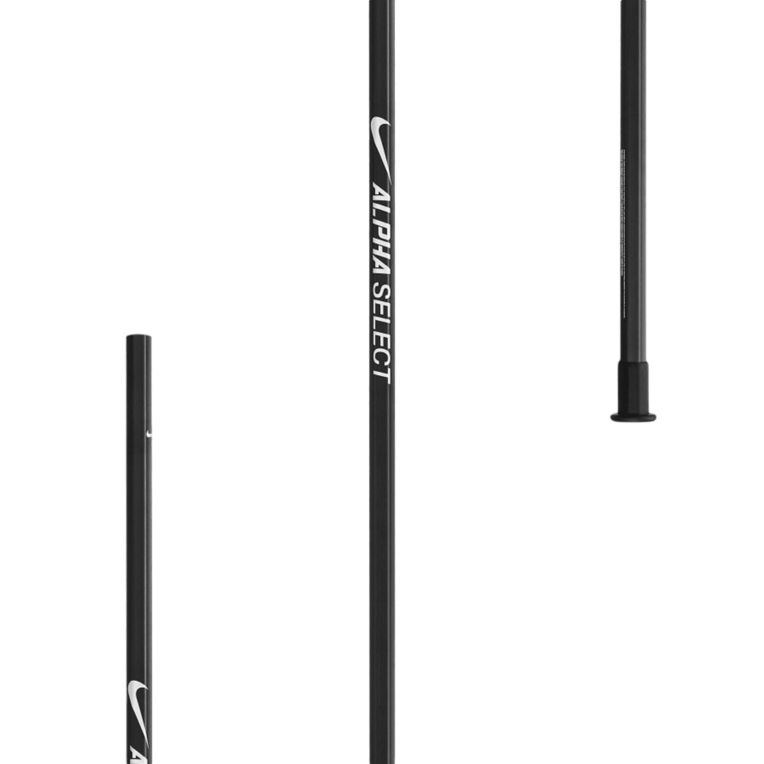 A composite image of black Nike Alpha Select Alloy Defense Lacrosse Shafts, displayed at different heights against a green background. These lightweight alloy shafts are branded with the name "Alpha Select" and adorned with the swoosh logo.