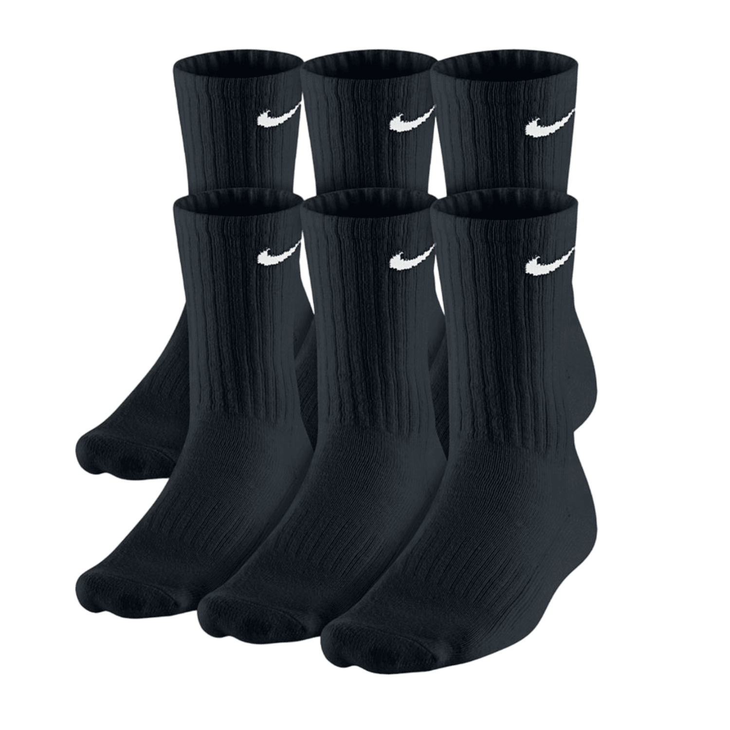 A pack of six Nike Dry Cushion Crew Training Socks in black, featuring the iconic white Nike swoosh logo near the top.