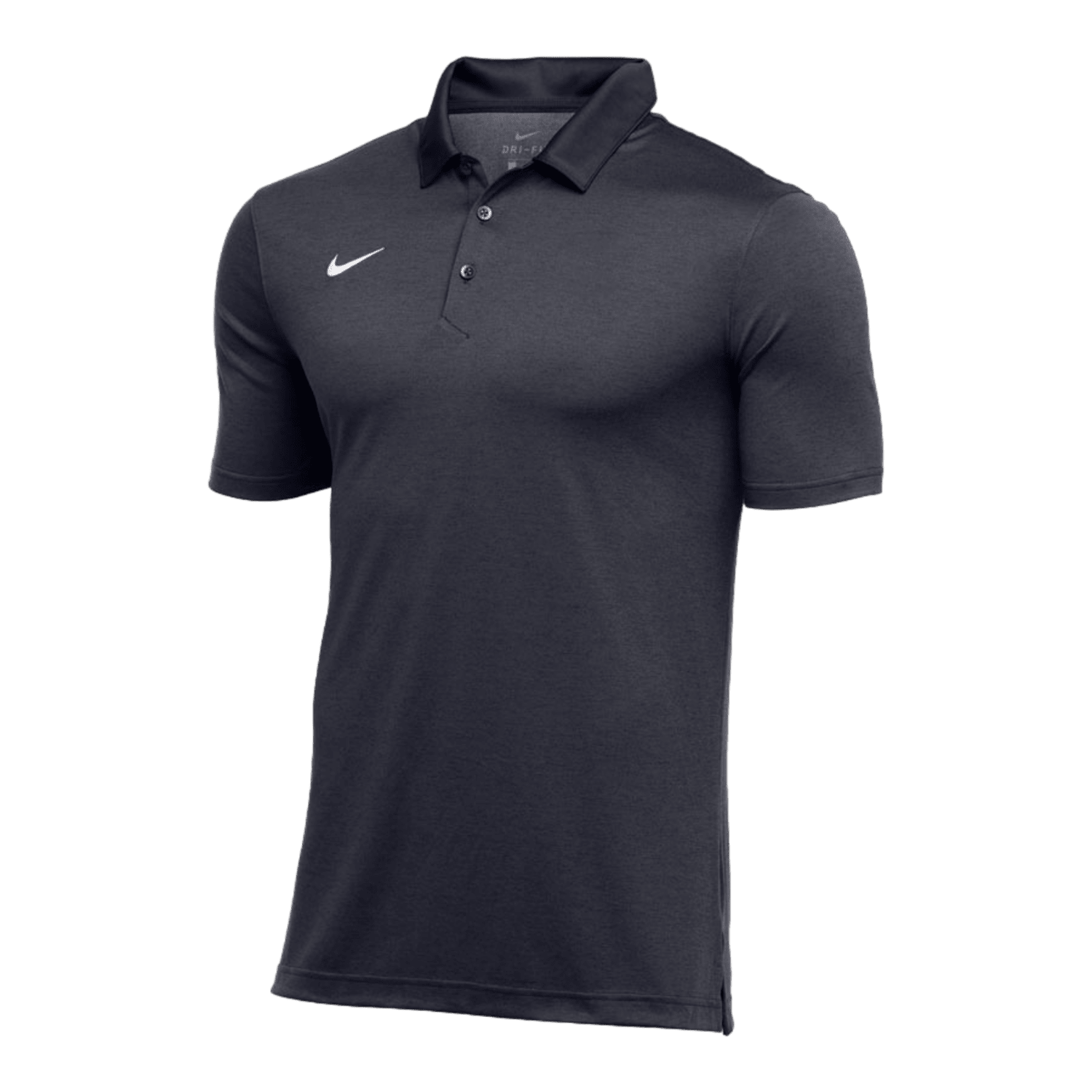 The Nike Dri-Fit Polo, in dark gray, is a men's polo shirt designed with short sleeves, a classic collar, and three buttons. It prominently displays the iconic Nike Swoosh on the left chest and incorporates Dri-FIT technology for superior comfort.