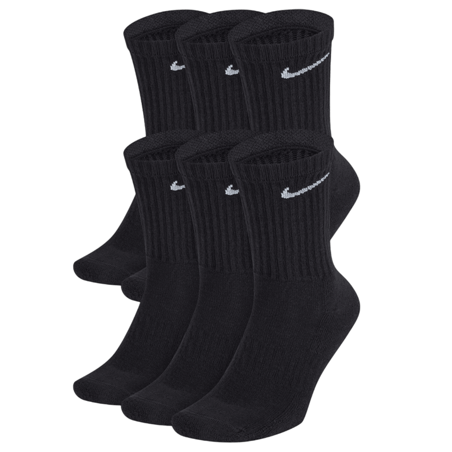 A pack of six black crew socks featuring the iconic white Nike logo, ideal for daily use. The Nike Everyday Cotton Cushioned Crew Socks provide outstanding comfort with a ribbed upper section, set against a plain background.