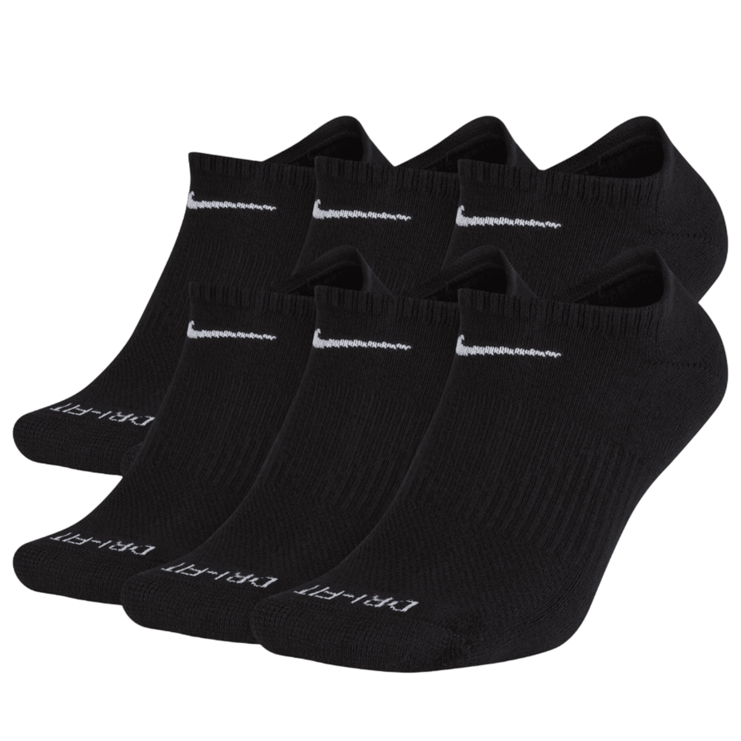 The product is a collection of six black Nike Everyday Plus Cushioned No Show Socks, each featuring a white logo near the cuff, arranged in two neat rows of three. These athletic-style socks provide exceptional comfort.