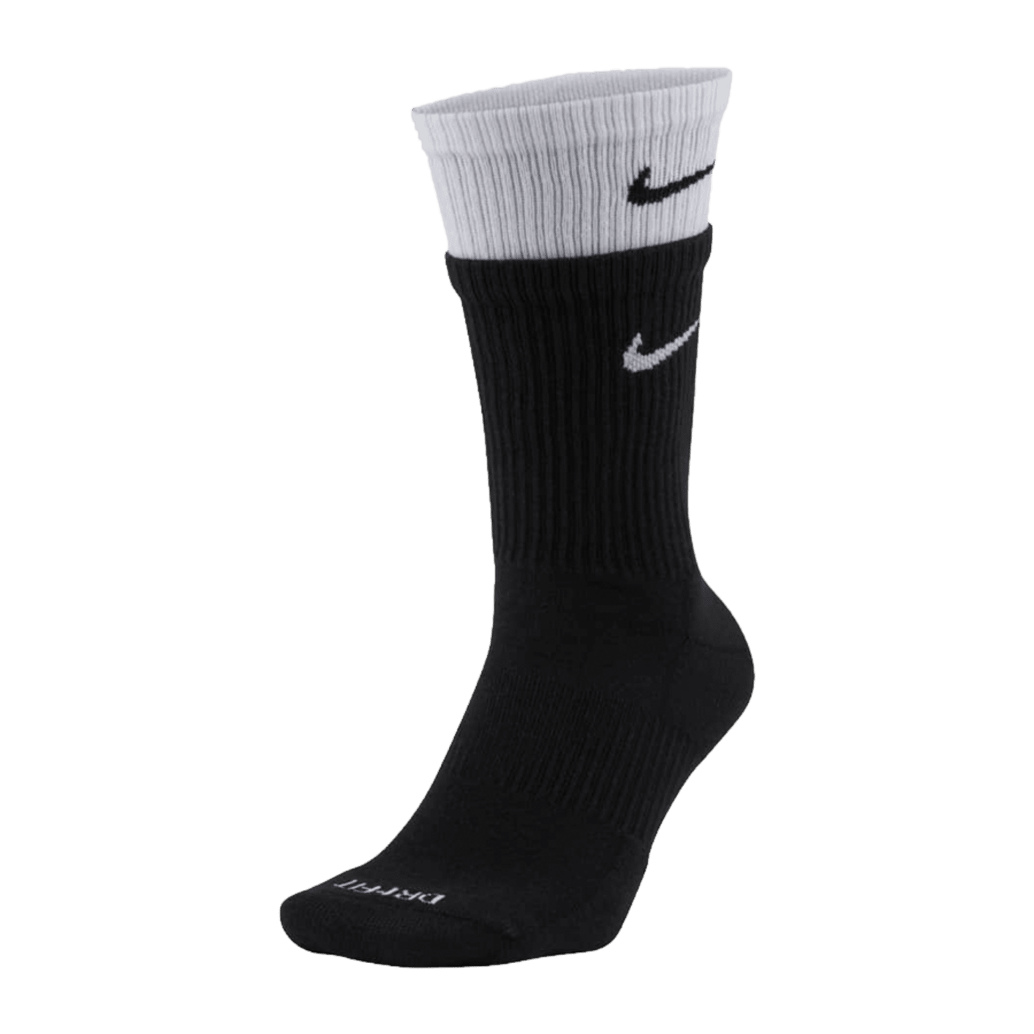 A black and white athletic sock from Nike, displaying the iconic logo on the side and "power" on the toe. These Nike Everyday Plus Cushioned Socks include ribbed detailing and are equipped with Dri-FIT technology to manage moisture, along with a supportive arch band for maximum comfort.