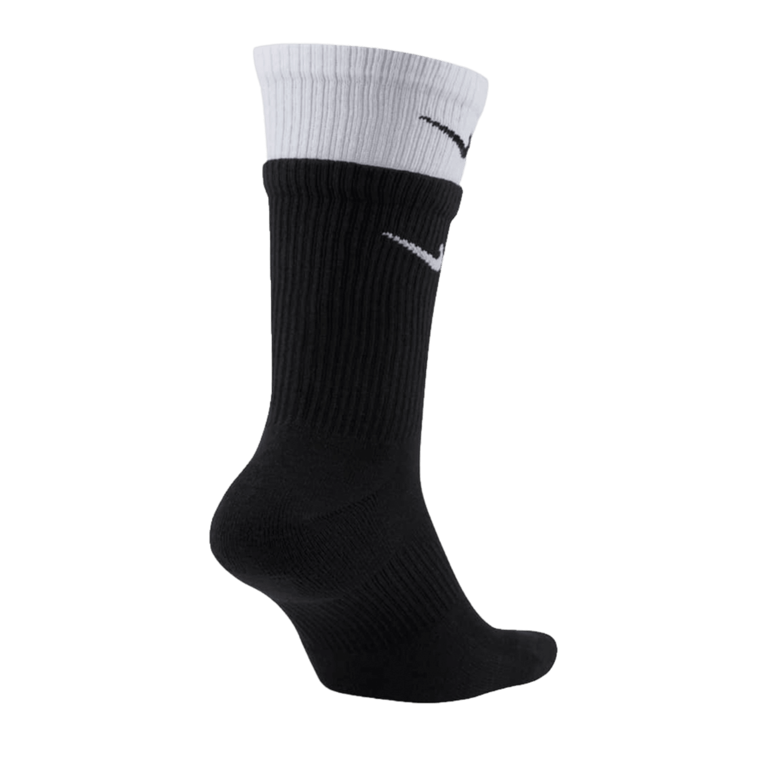 The Nike Everyday Plus Cushioned Socks, showcasing a black design with a white top and the iconic swoosh logo, feature Dri-FIT technology and a supportive arch band for optimal comfort. They are displayed against a green background with the foot pointing downward to highlight their stylish and comfortable attributes.