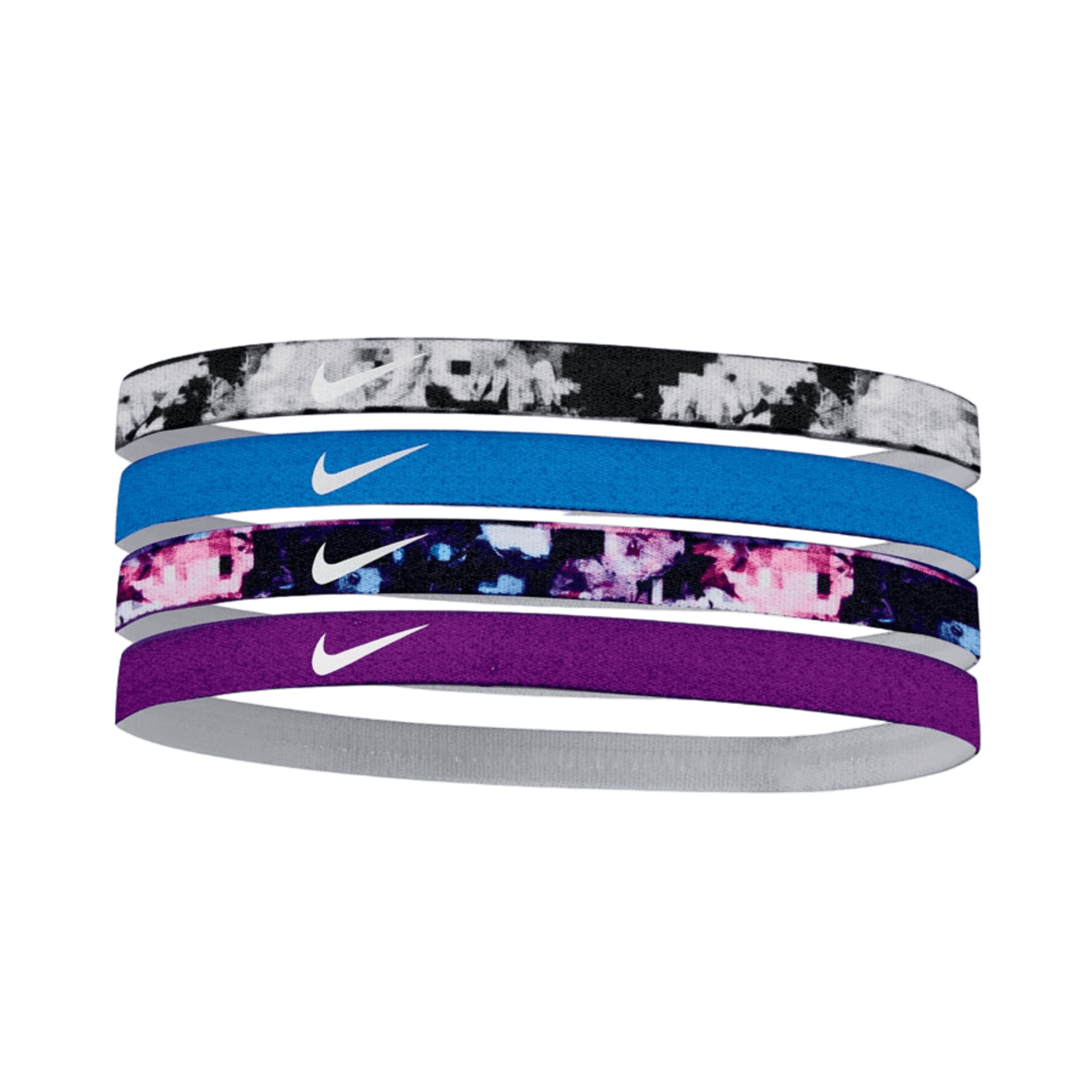 The Nike Assorted Women's Headbands 4-Pack offers stylish designs, including black and white tie-dye, solid blue, black with pink and white floral patterns, and a striking solid purple. Each headband prominently displays the iconic white Nike swoosh logo, making them ideal for fashion-forward individuals aiming to enhance their accessory collection.