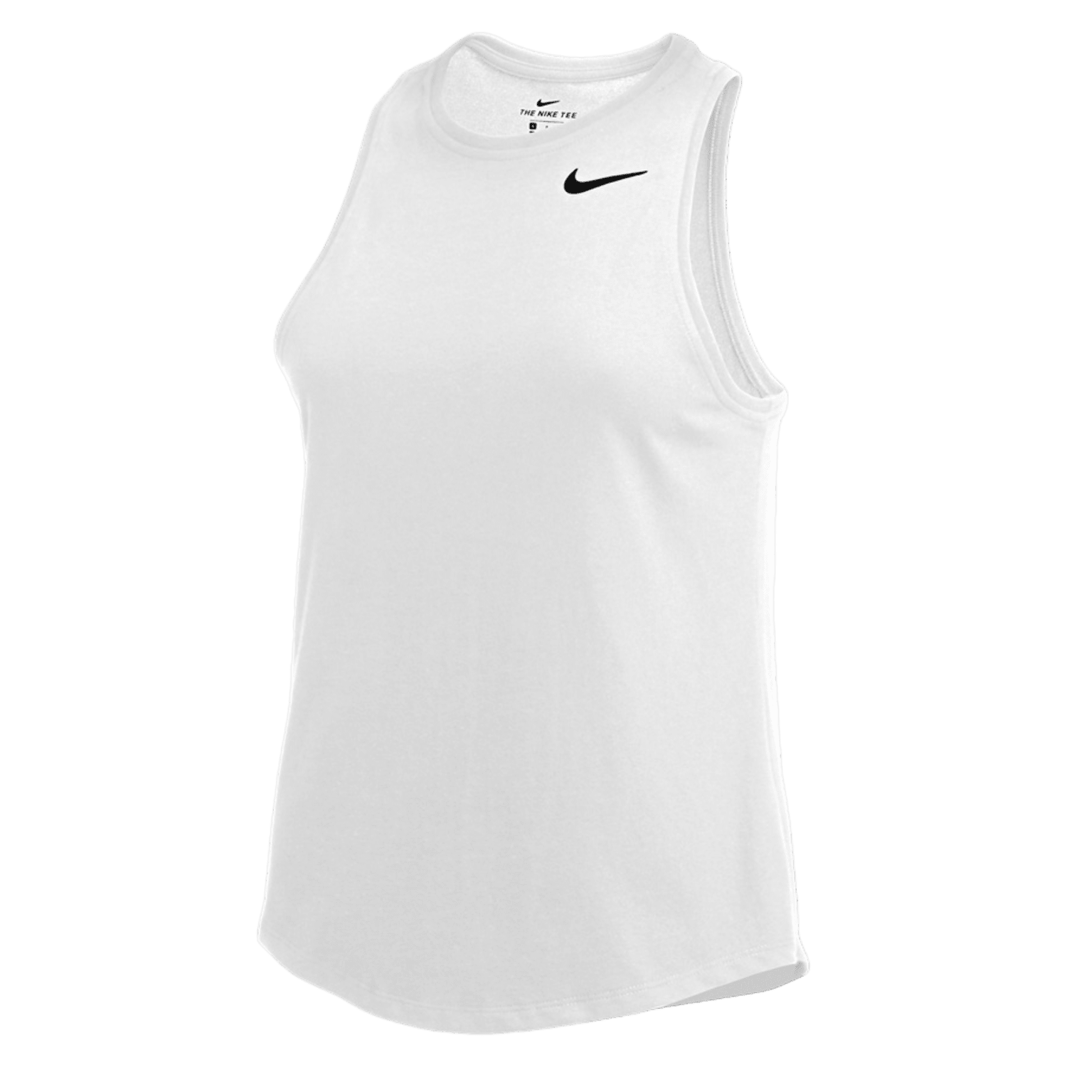 Introducing the Nike High Neck Tank: A white sleeveless sports tank displaying the black Nike logo near the left shoulder. Crafted with sweat-wicking fabric for optimal performance, this tank features a rounded neckline for enhanced comfort, making it perfect for athletic activities.