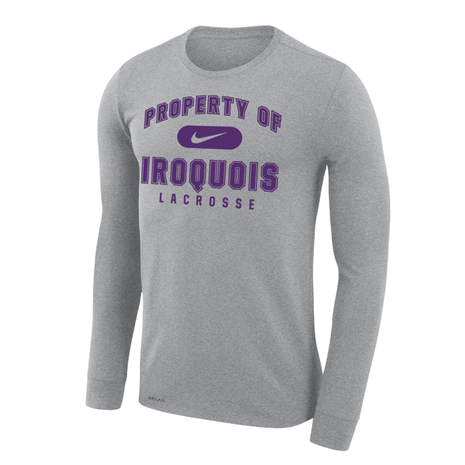 Nike Iroquois LS T-Shirt, a gray long-sleeve shirt by Nike, features "Property of Iroquois Lacrosse" in purple letters on the front, celebrating their status as third in the world.