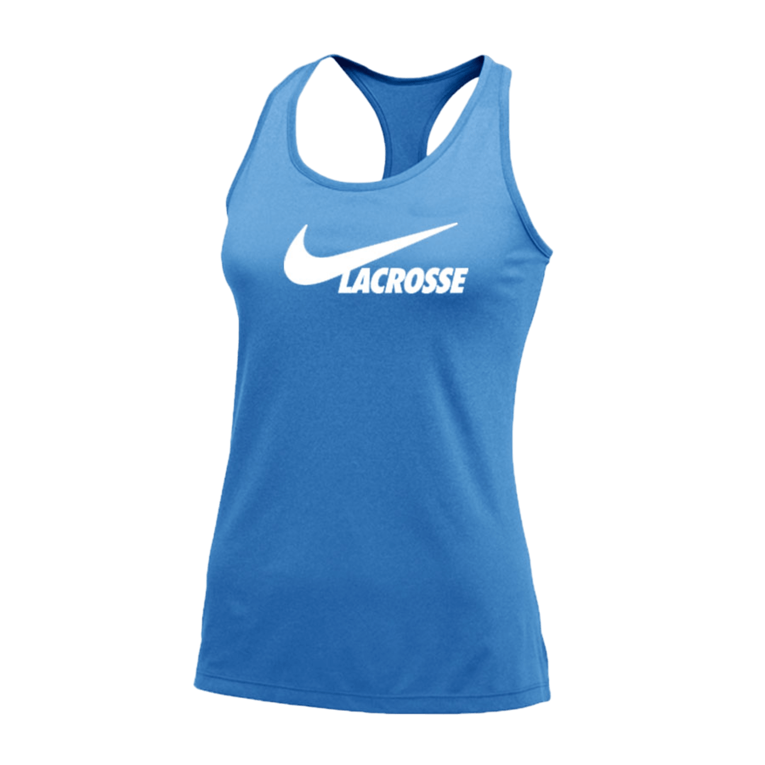 The Nike W52440-DHR-14-L is a blue athletic tank top for women, featuring a racerback design. Crafted from lightweight, breathable material, it showcases a white swoosh logo along with the bold text "LACROSSE" on the front.