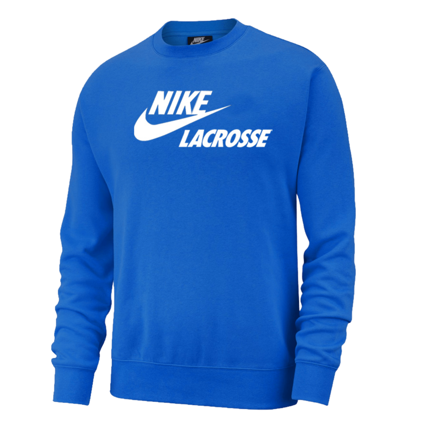 The Nike Club Crew Sweatshirt is a stylish blue piece adorned with a lacrosse graphic and "NIKE LACROSSE" in white on the front, complete with the iconic swoosh logo. Crafted from brushed-back fleece, it features long sleeves and a crew neckline for maximum comfort.