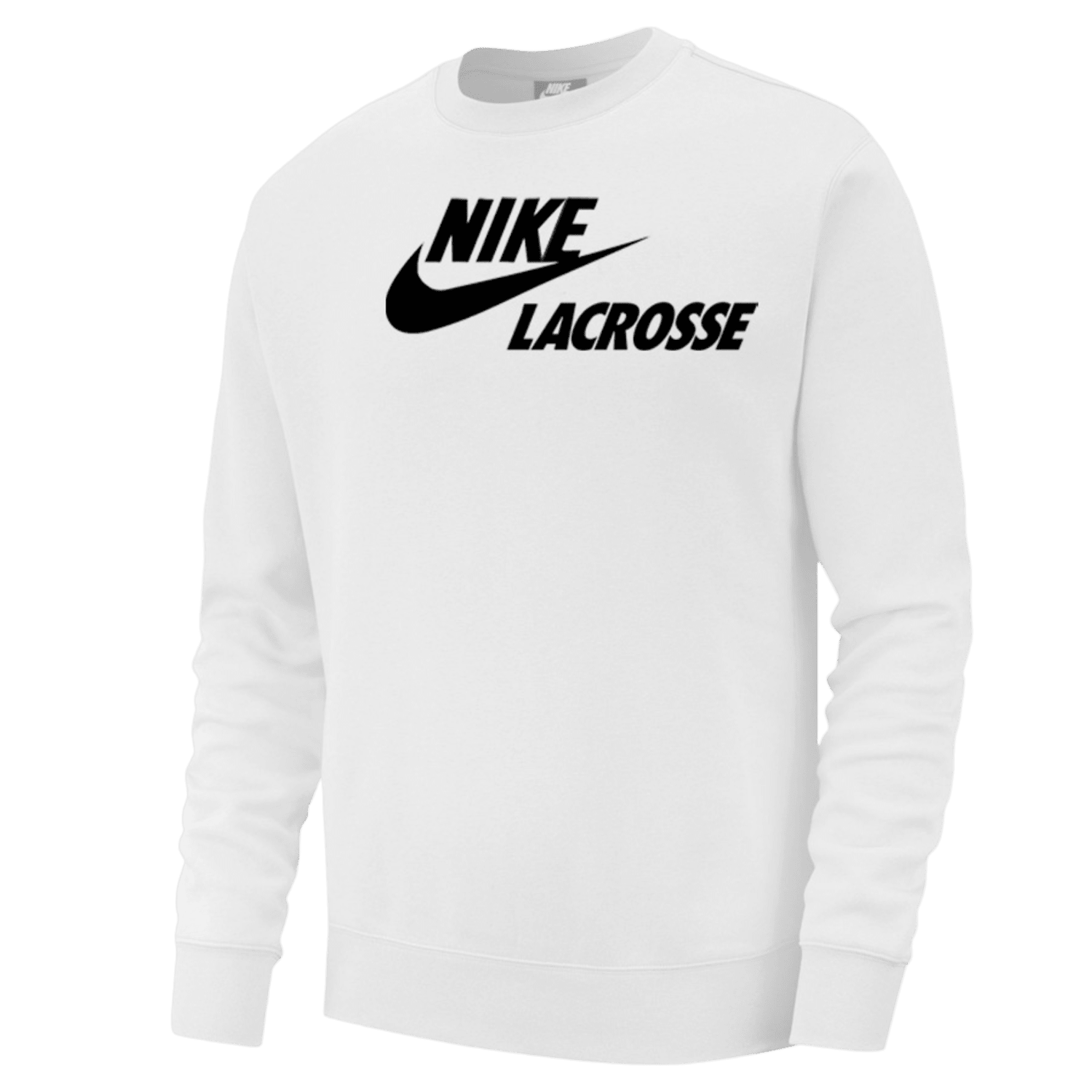 The white Nike Club Crew Sweatshirt features a striking lacrosse graphic along with the iconic Nike logo and bold black "Lacrosse" text on the front. Crafted from soft, brushed-back fleece, it offers a perfect blend of style and comfort for casual wear.