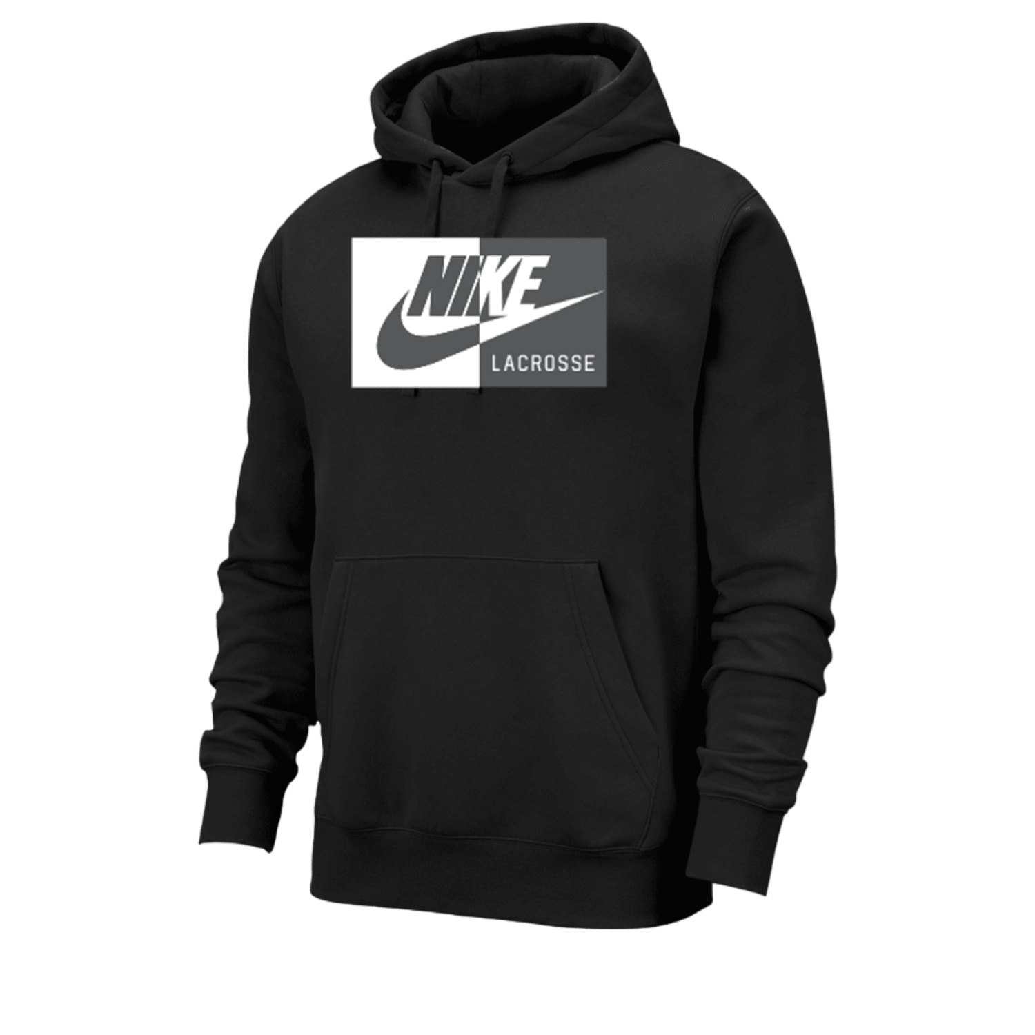 Introducing the Nike Club Fleece Hoodie, a stylish black hoodie adorned with a prominent white and black Nike Lacrosse logo across the chest. It features a convenient front pocket and an adjustable drawstring hood. The logo's left side is designed in white with a black swoosh, while the right side contrasts in black with a white swoosh, encapsulating both comfort and athletic style from Nike.