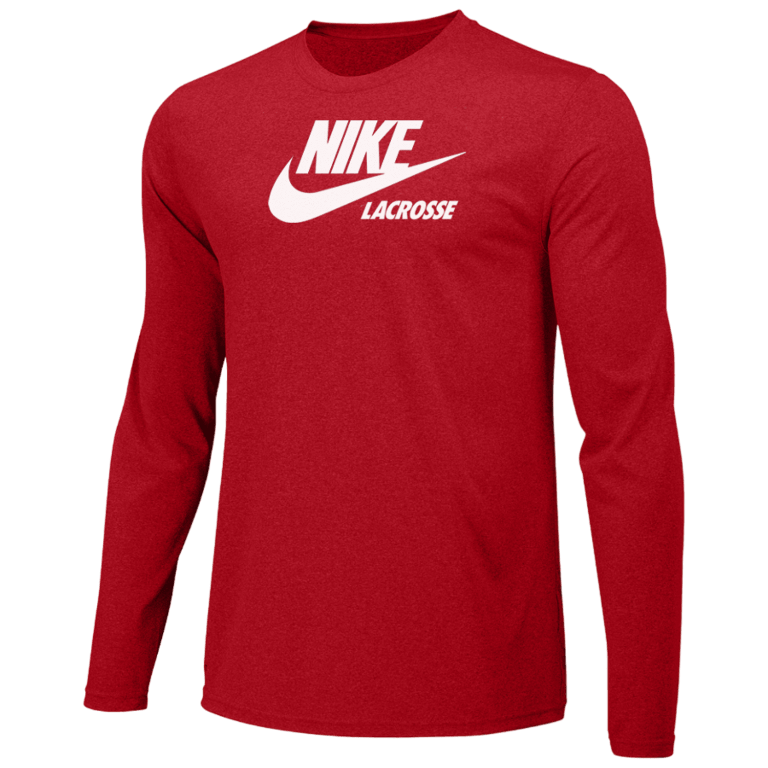 Nike Dri-Fit Legend LS T-Shirt in red with white "Lacrosse" lettering and the Nike logo on the front.