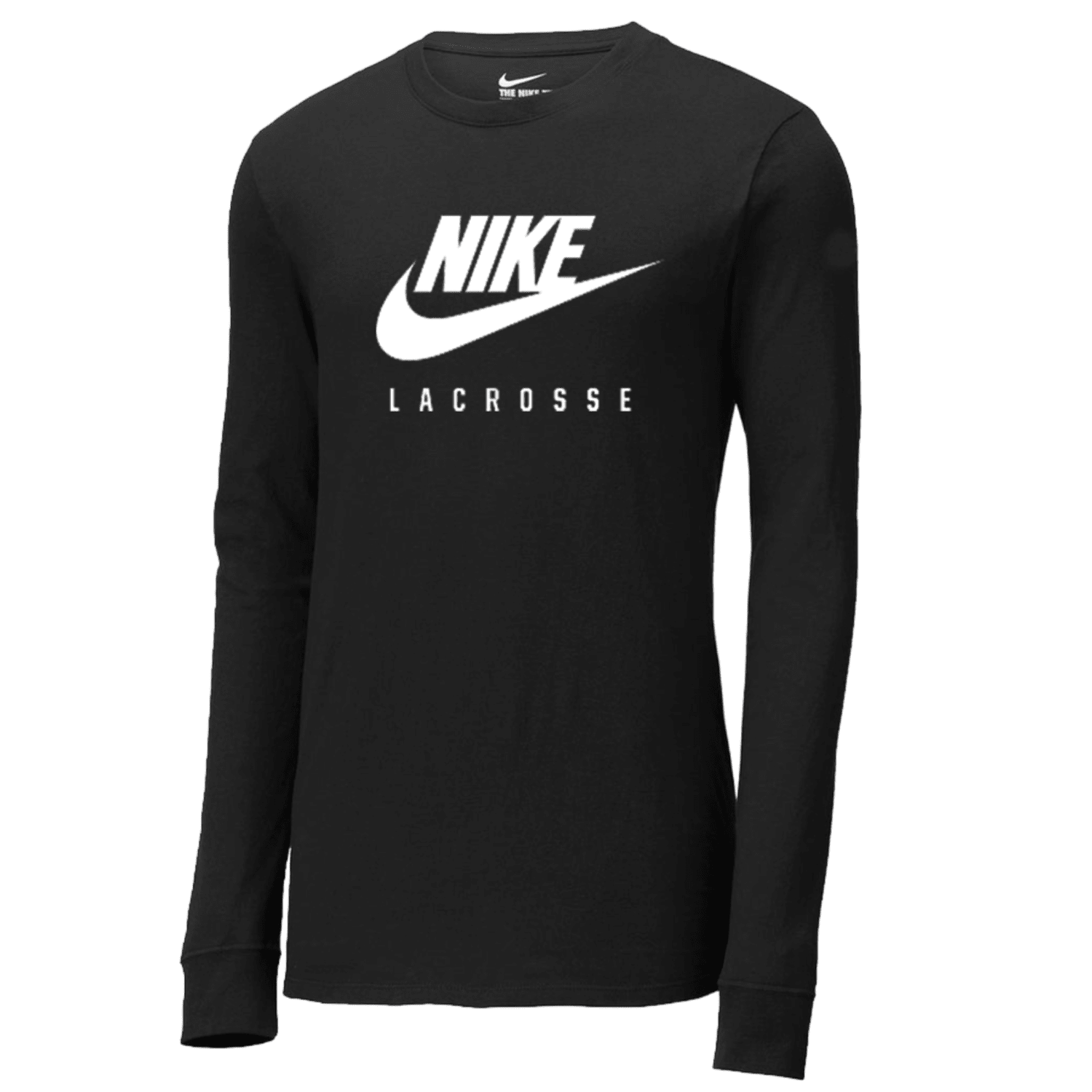 The Nike Dri-Fit Legend LS T-Shirt is a black long-sleeve shirt showcasing the iconic Nike logo and the word "Lacrosse" in white on the front. Its simple and sporty design makes it perfect for casual wear.
