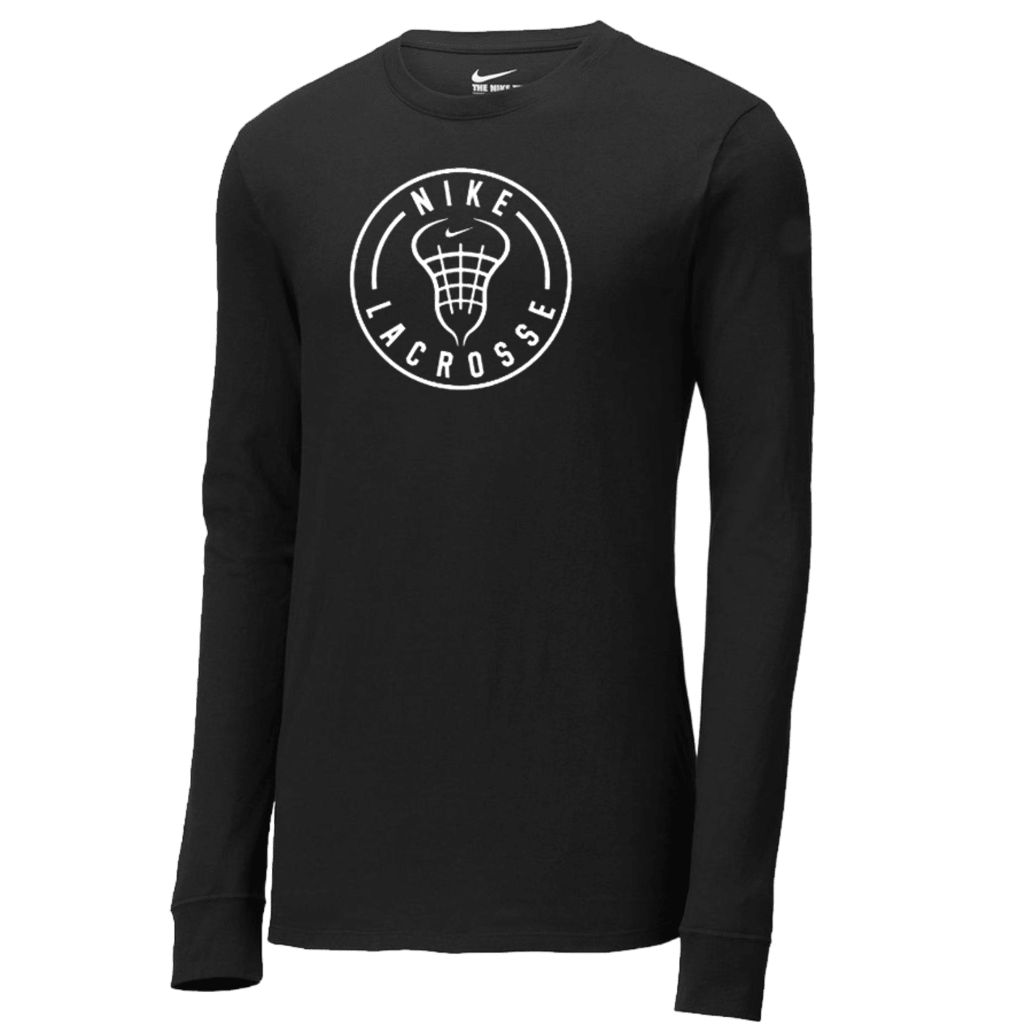 Nike Dri-Fit Long-Sleeve T-Shirt in black, showcasing a white graphic of a lacrosse helmet with the words "Nike Lacrosse" centered on the front.